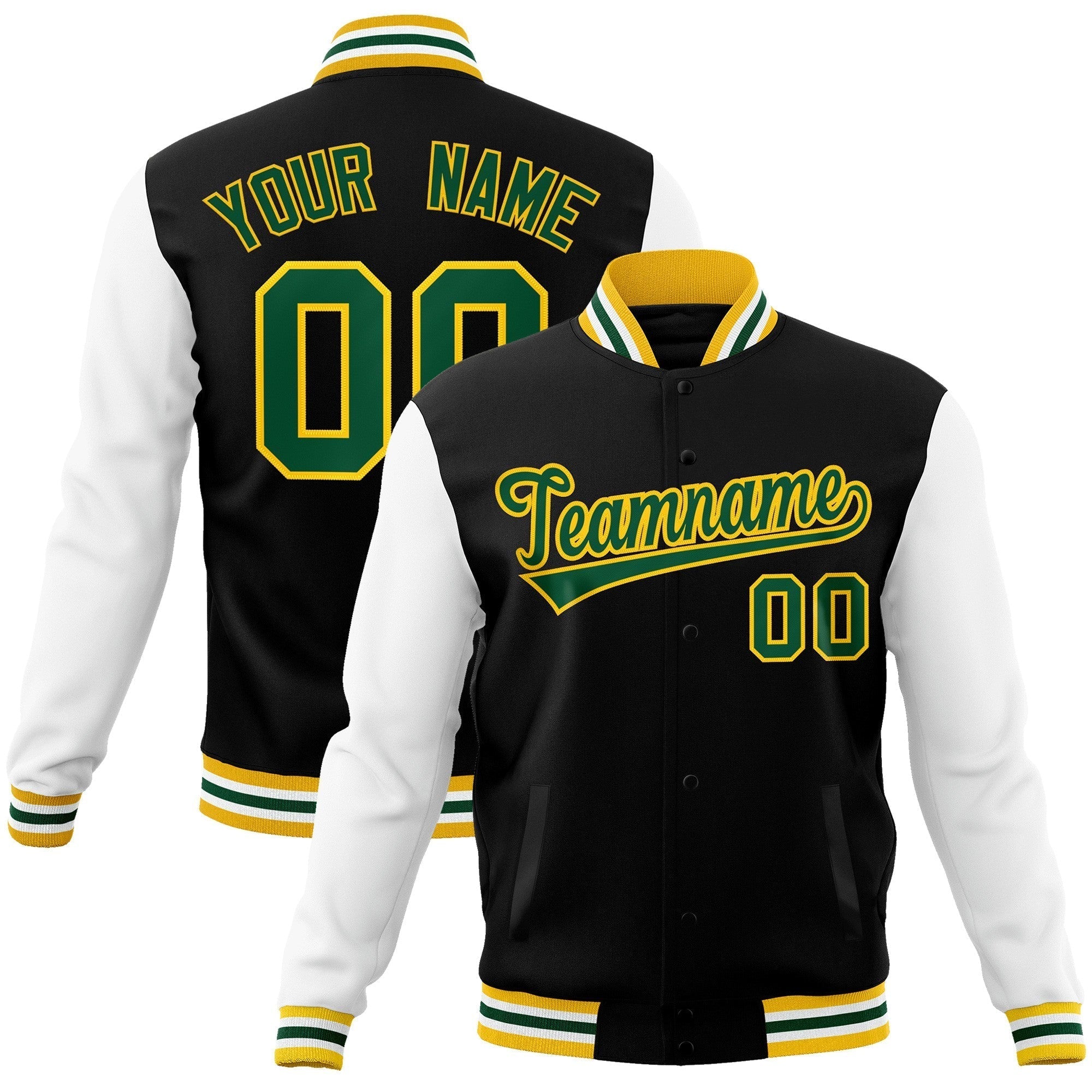 Custom Black Green-Gold Raglan Sleeves Varsity Full-Snap Letterman Jacket | KXKSHOP