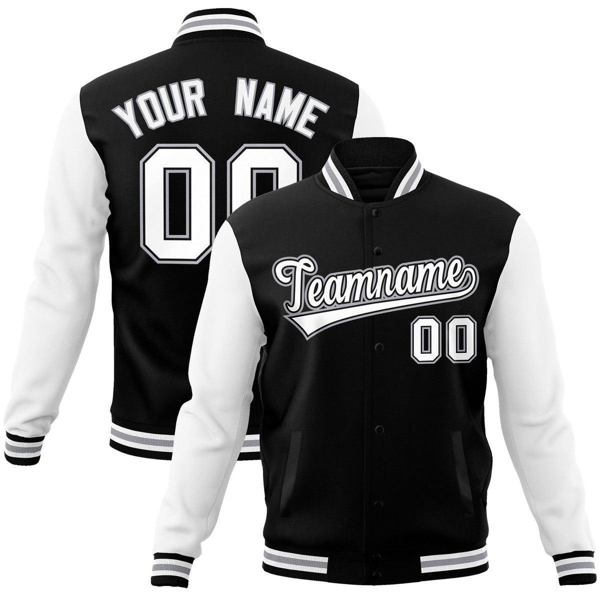 Custom Black White-Black Raglan Sleeves Varsity Full-Snap Letterman Jacket | KXKSHOP