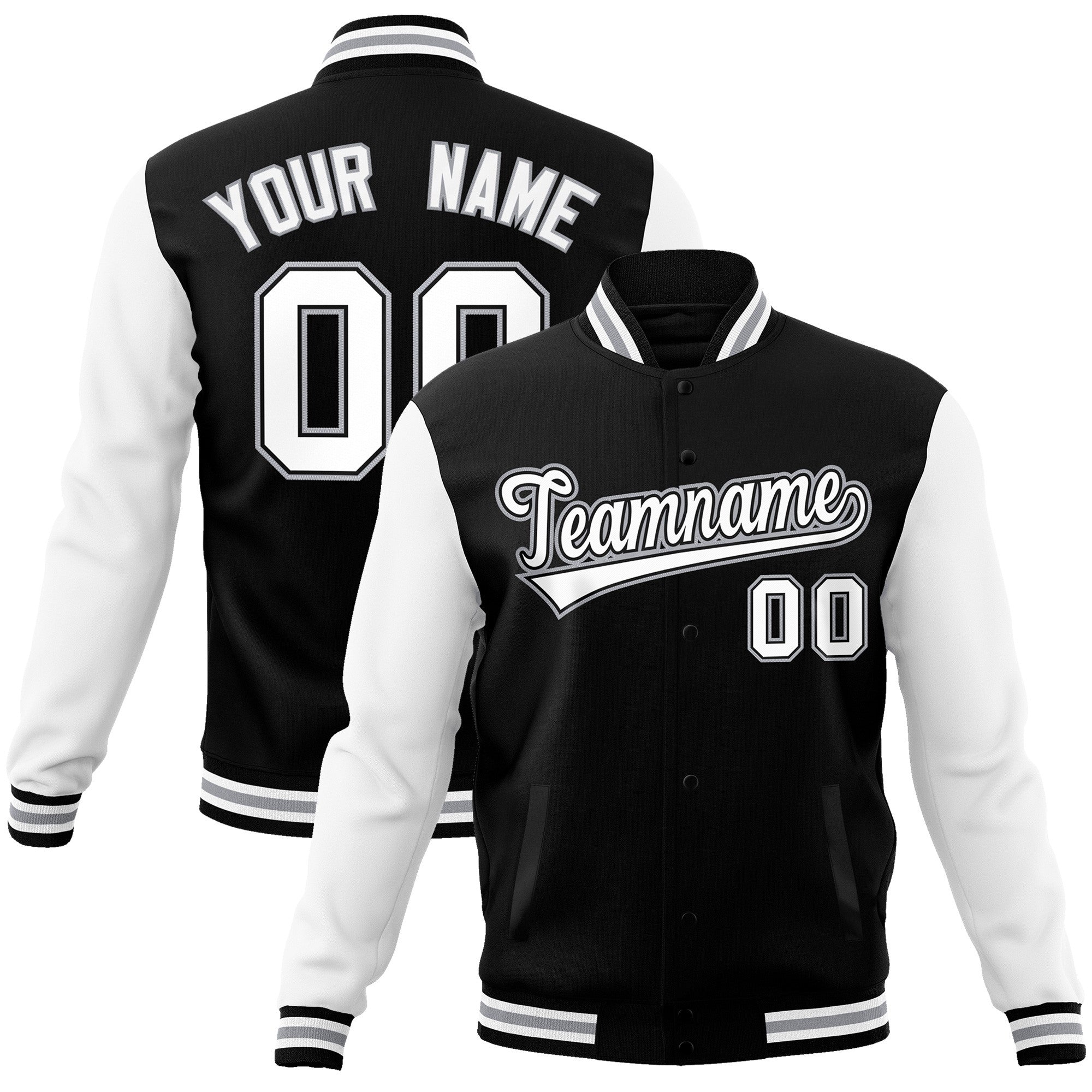 Custom Black White-Black Raglan Sleeves Varsity Full-Snap Letterman Jacket | KXKSHOP