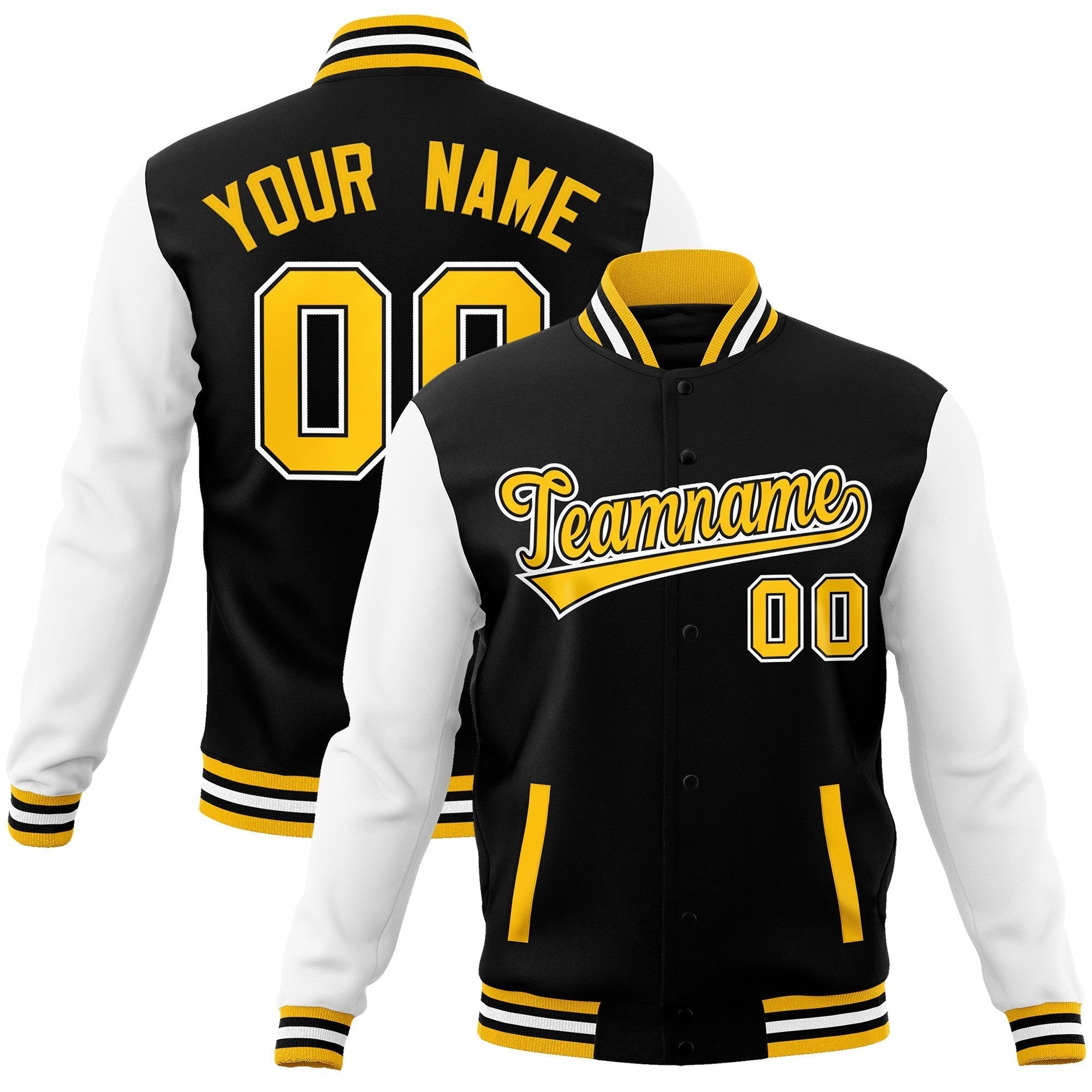 Custom Black Gold-Black Raglan Sleeves Varsity Full-Snap Letterman Jacket | KXKSHOP