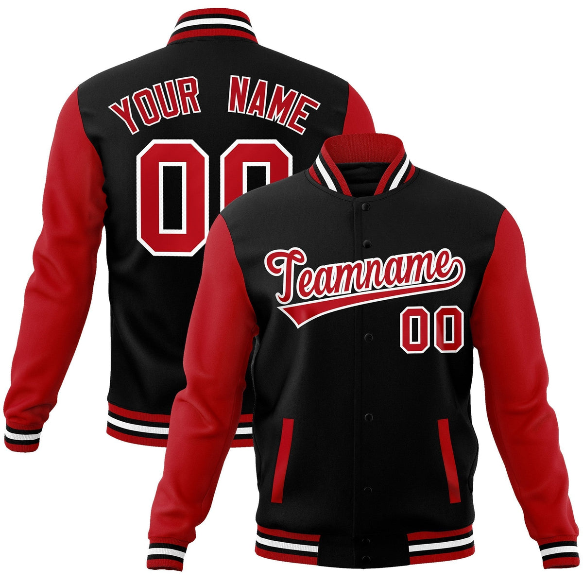 Custom Black Red-White Raglan Sleeves Varsity Full-Snap Letterman Jacket | KXKSHOP