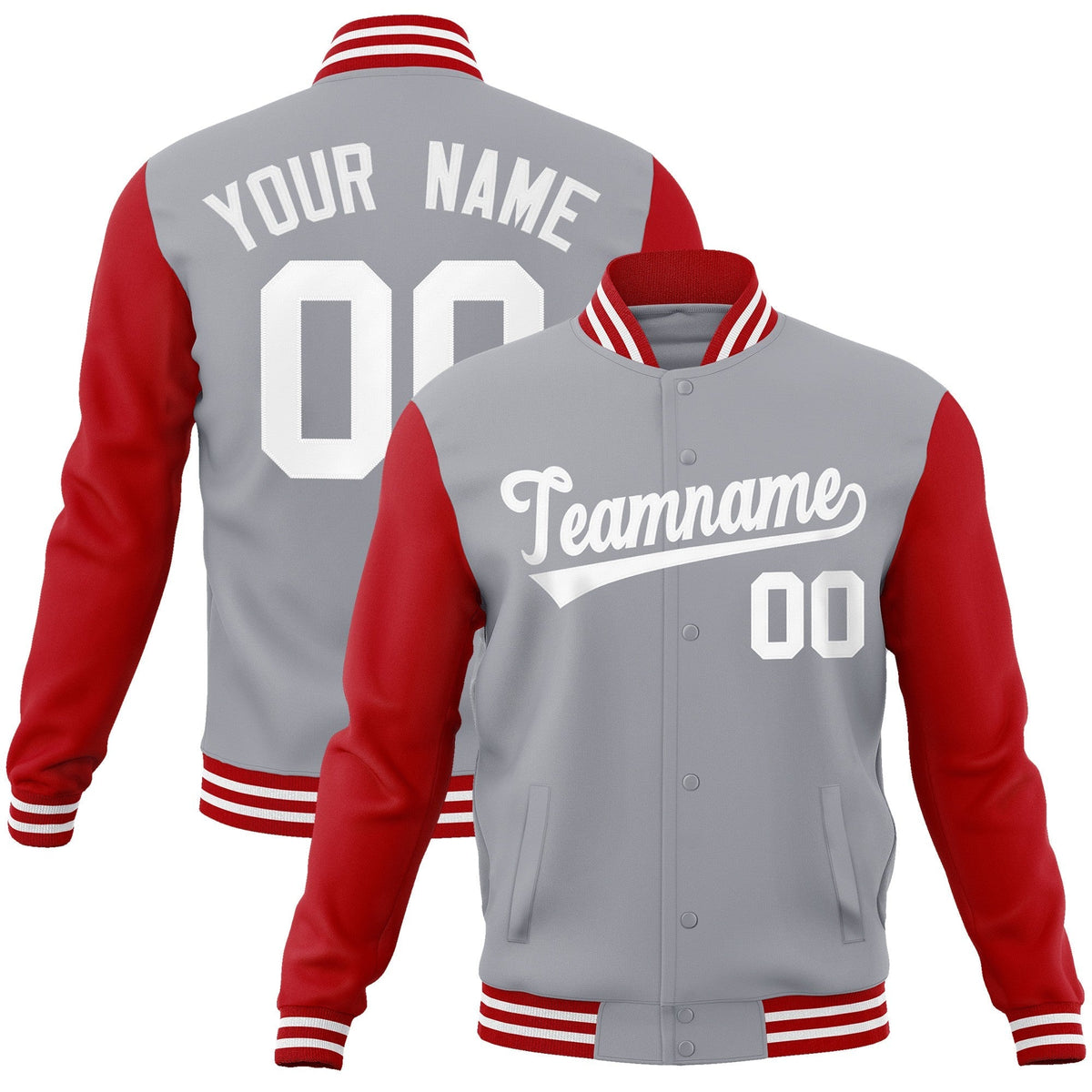 Custom Gray White Raglan Sleeves Varsity Full-Snap Letterman Jacket | KXKSHOP