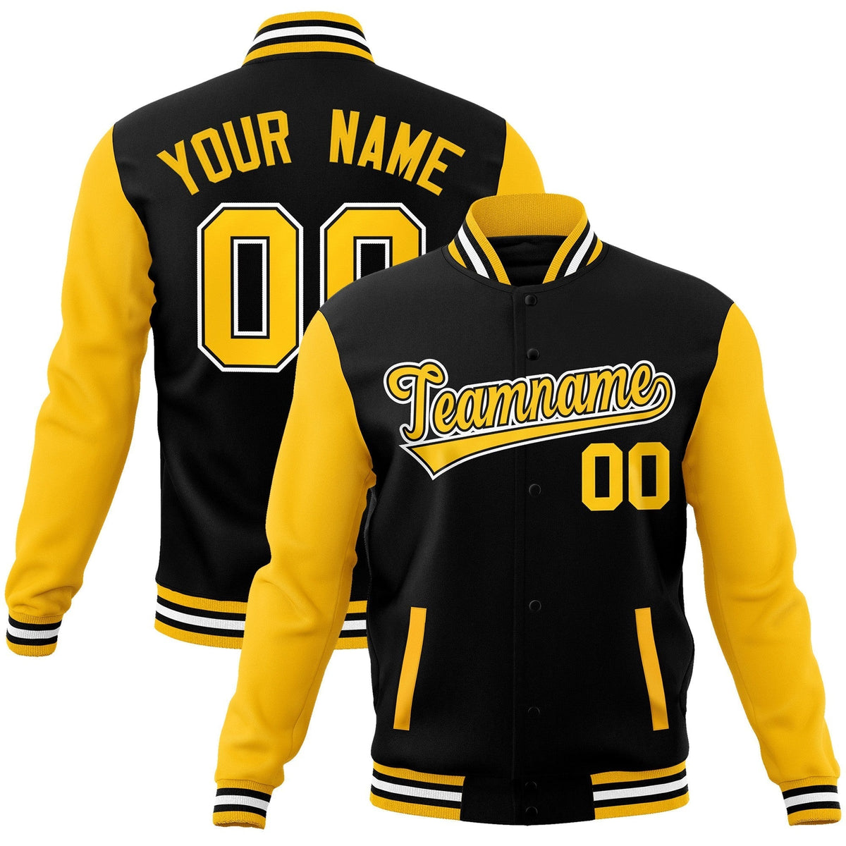 Custom Black Gold-Black Raglan Sleeves Varsity Full-Snap Letterman Jacket | KXKSHOP