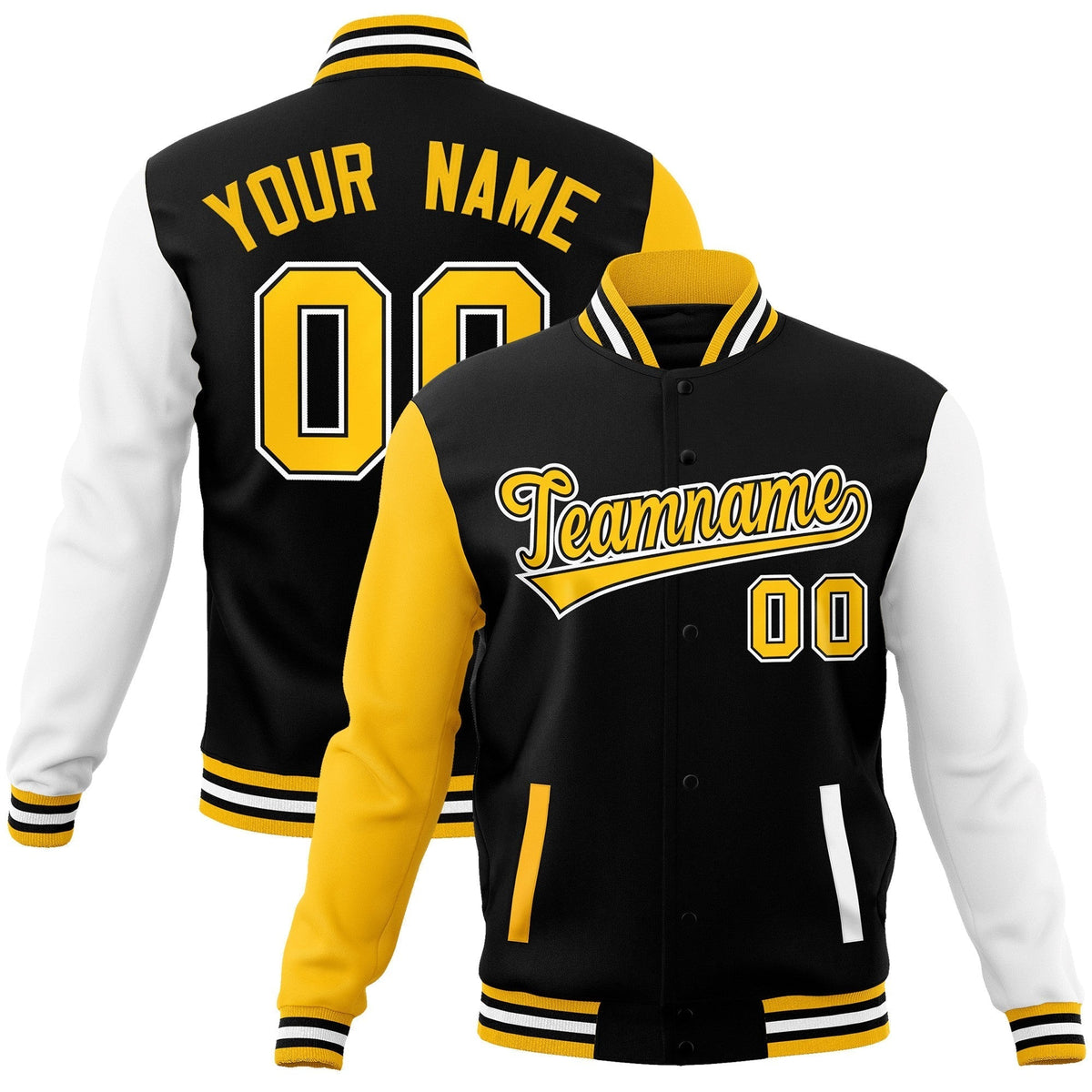 Custom Black Gold-Black Raglan Sleeves Varsity Full-Snap Letterman Jacket | KXKSHOP