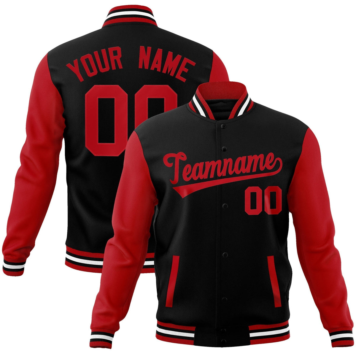Custom Black Red Raglan Sleeves Varsity Full-Snap Letterman Jacket | KXKSHOP