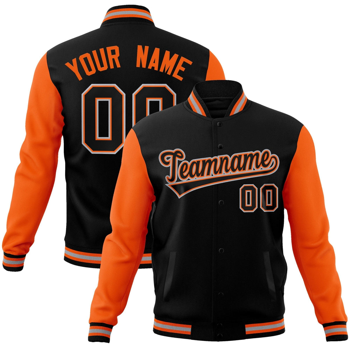 Custom Black Black-Orange Raglan Sleeves Varsity Full-Snap Letterman Jacket | KXKSHOP