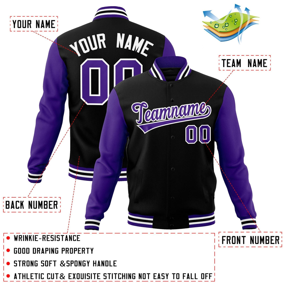 Custom Green Purple-White Raglan Sleeves Varsity Full-Snap Letterman Jacket | KXKSHOP