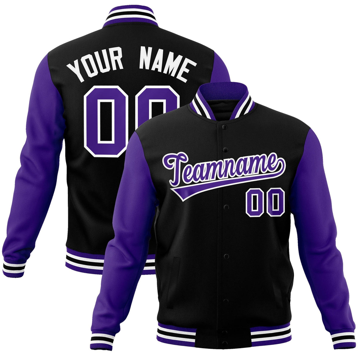 Custom Black Purple-White Raglan Sleeves Varsity Full-Snap Letterman Jacket | KXKSHOP