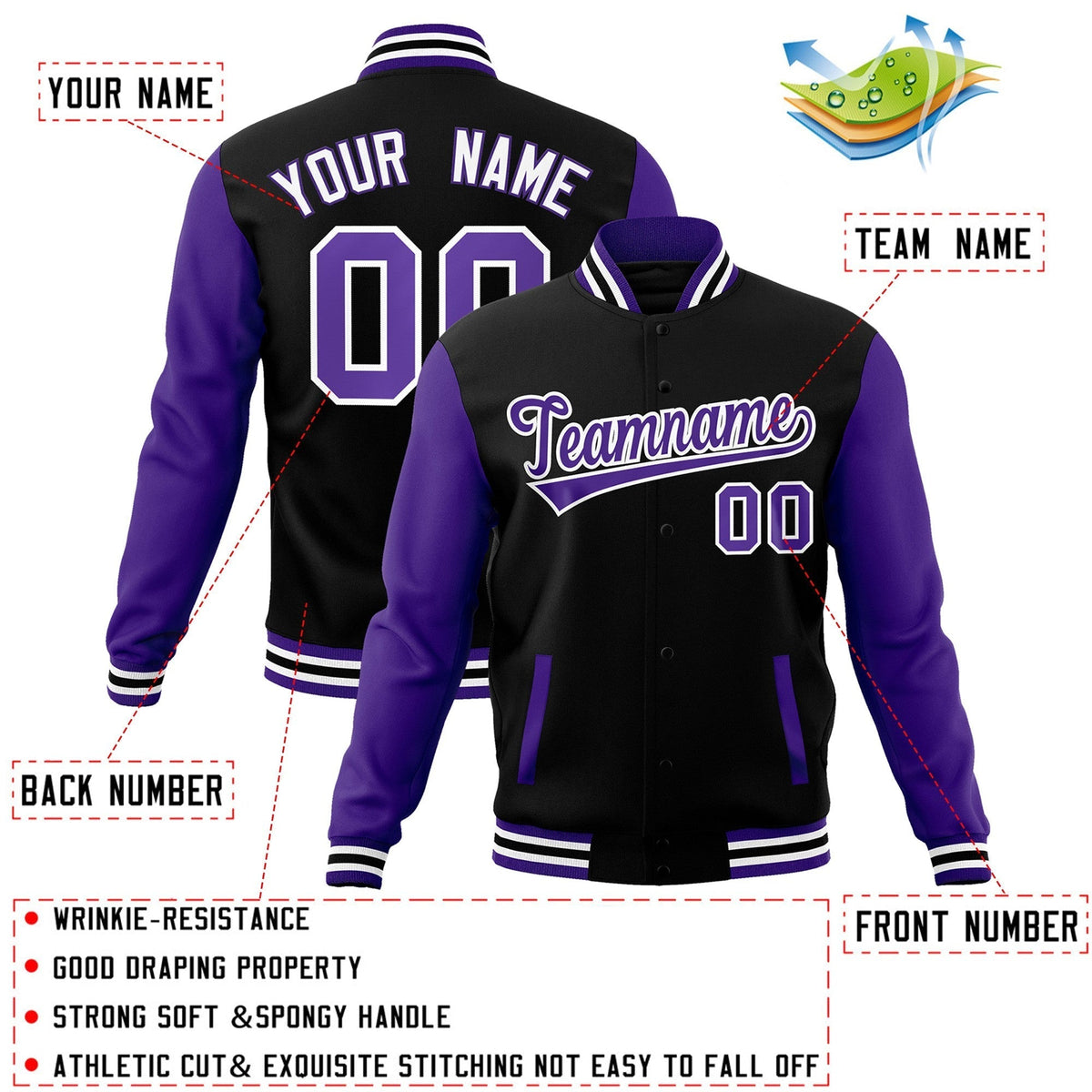 Custom Green Purple-White Raglan Sleeves Varsity Full-Snap Letterman Jacket | KXKSHOP
