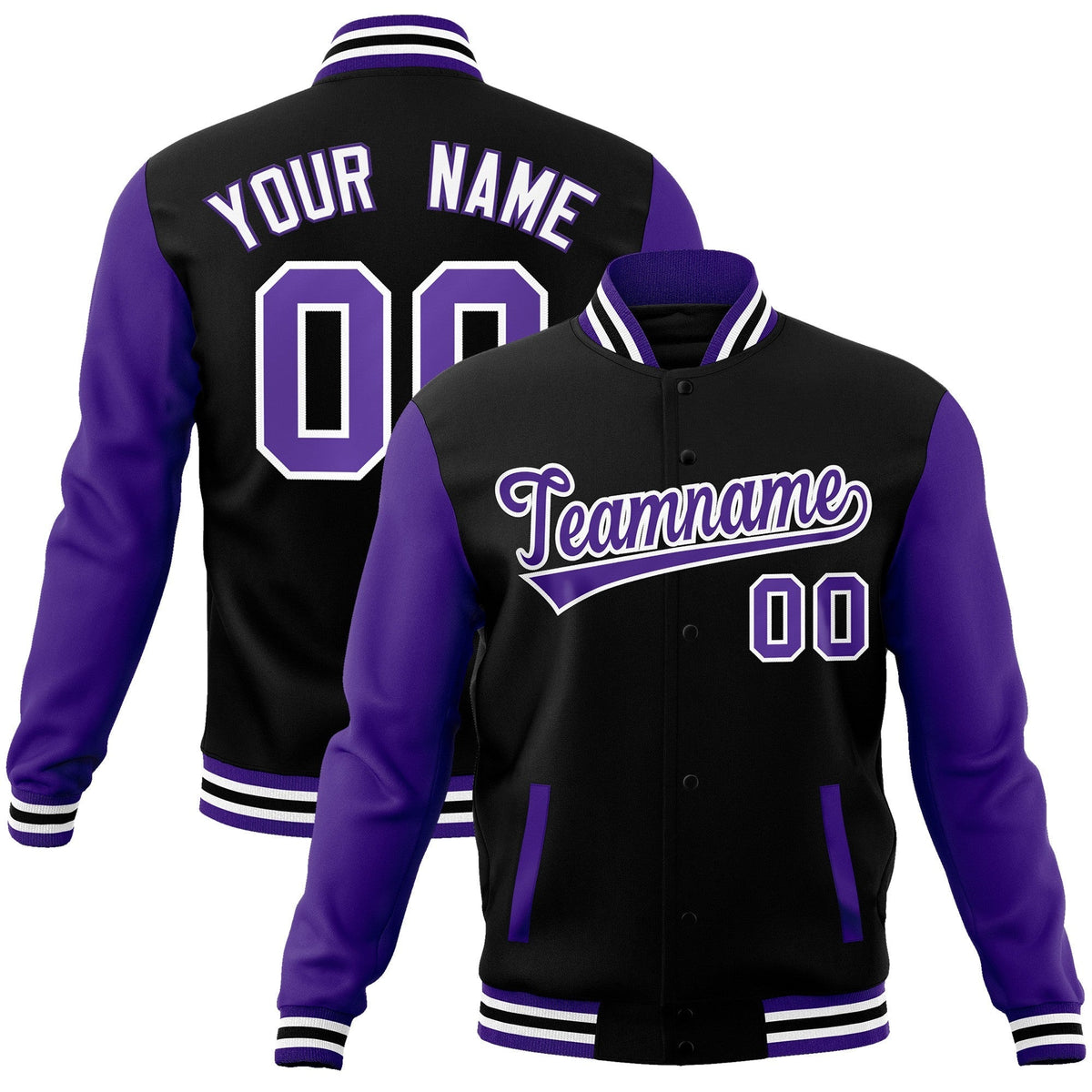 Custom Black Purple-White Raglan Sleeves Varsity Full-Snap Letterman Jacket | KXKSHOP
