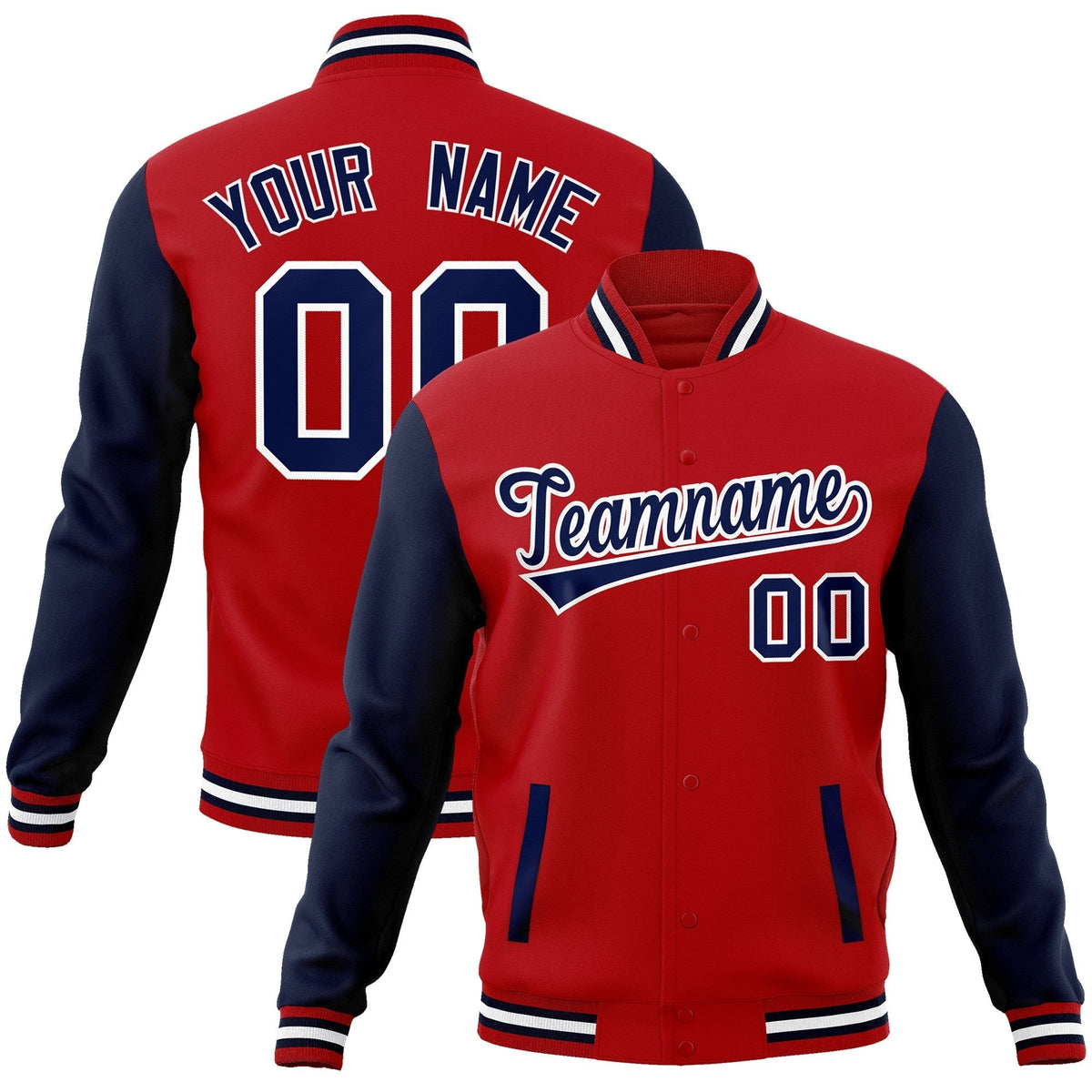 Custom Red Navy-White Raglan Sleeves Varsity Full-Snap Letterman Jacket | KXKSHOP