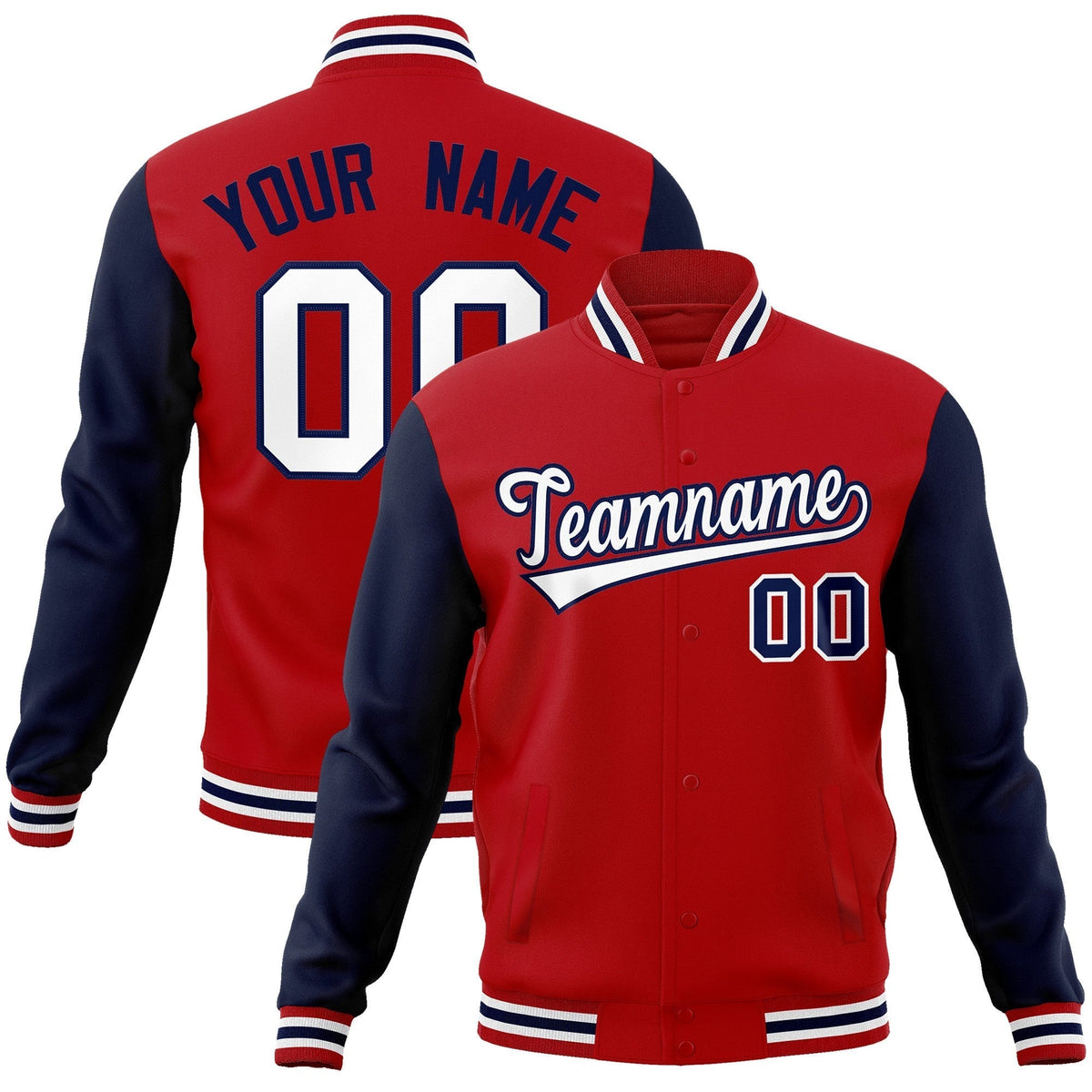 Custom Red White-Navy Raglan Sleeves Varsity Full-Snap Letterman Jacket | KXKSHOP