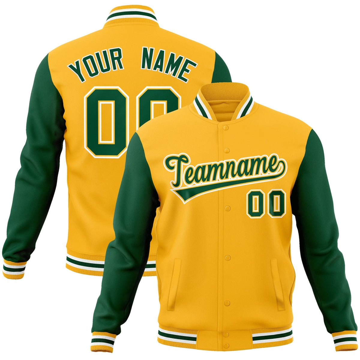 Custom Gold Green-Gold Raglan Sleeves Varsity Full-Snap Letterman Jacket | KXKSHOP