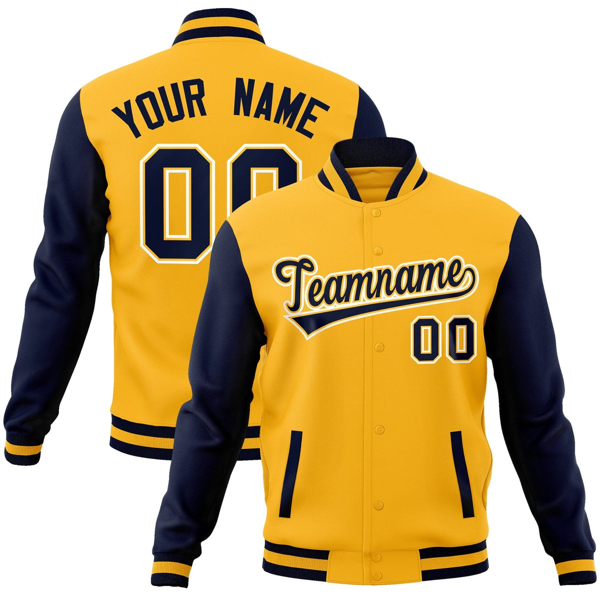 Custom Gold Navy-Gold Raglan Sleeves Varsity Full-Snap Letterman Jacket | KXKSHOP