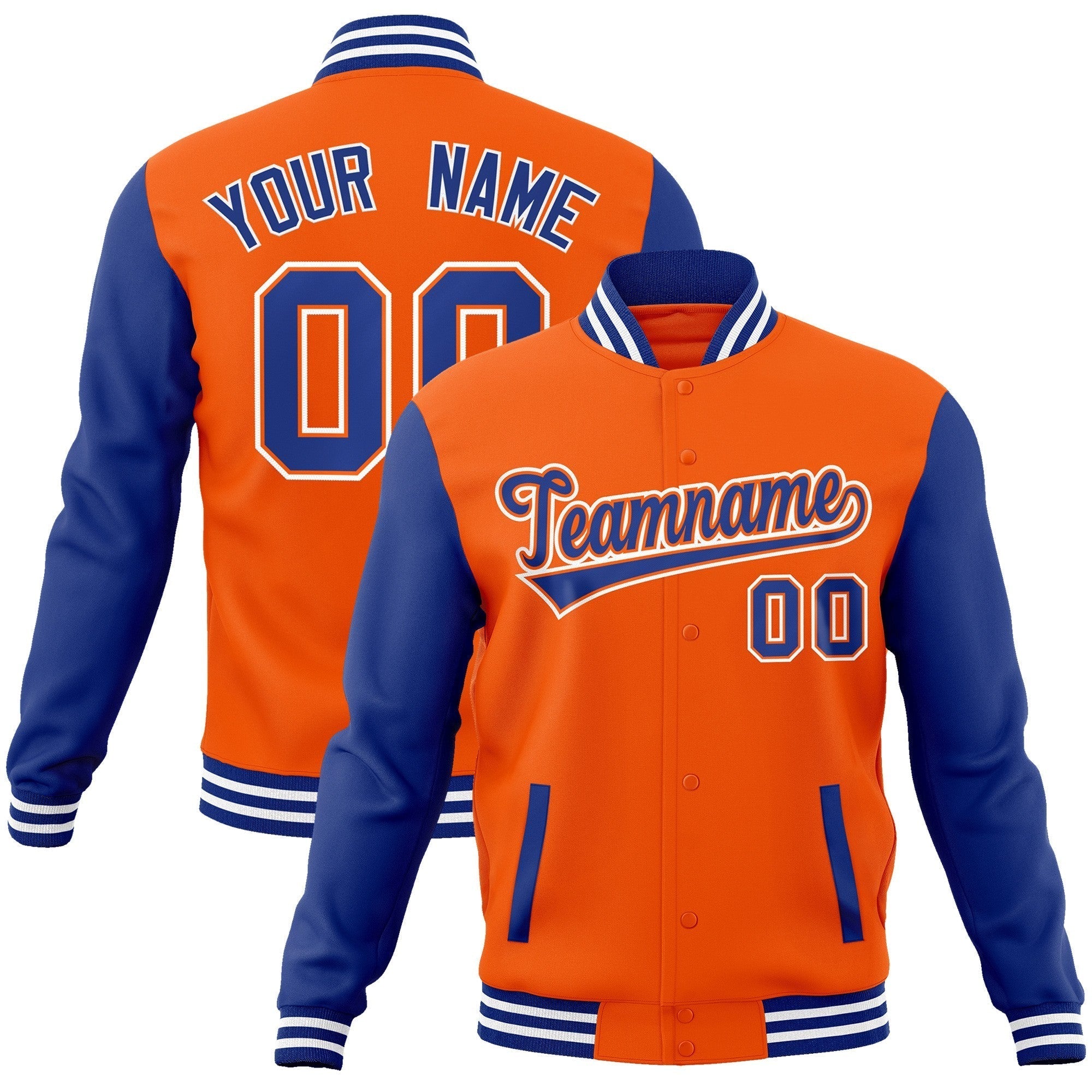 Custom Orange Royal-Orange Raglan Sleeves Varsity Full-Snap Letterman Jacket | KXKSHOP