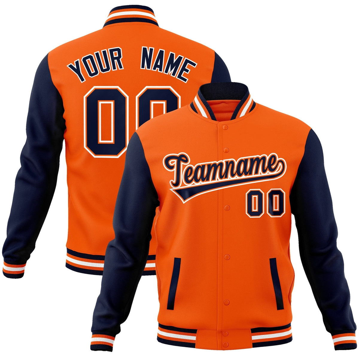 Custom Orange Navy-Orange Raglan Sleeves Varsity Full-Snap Letterman Jacket | KXKSHOP