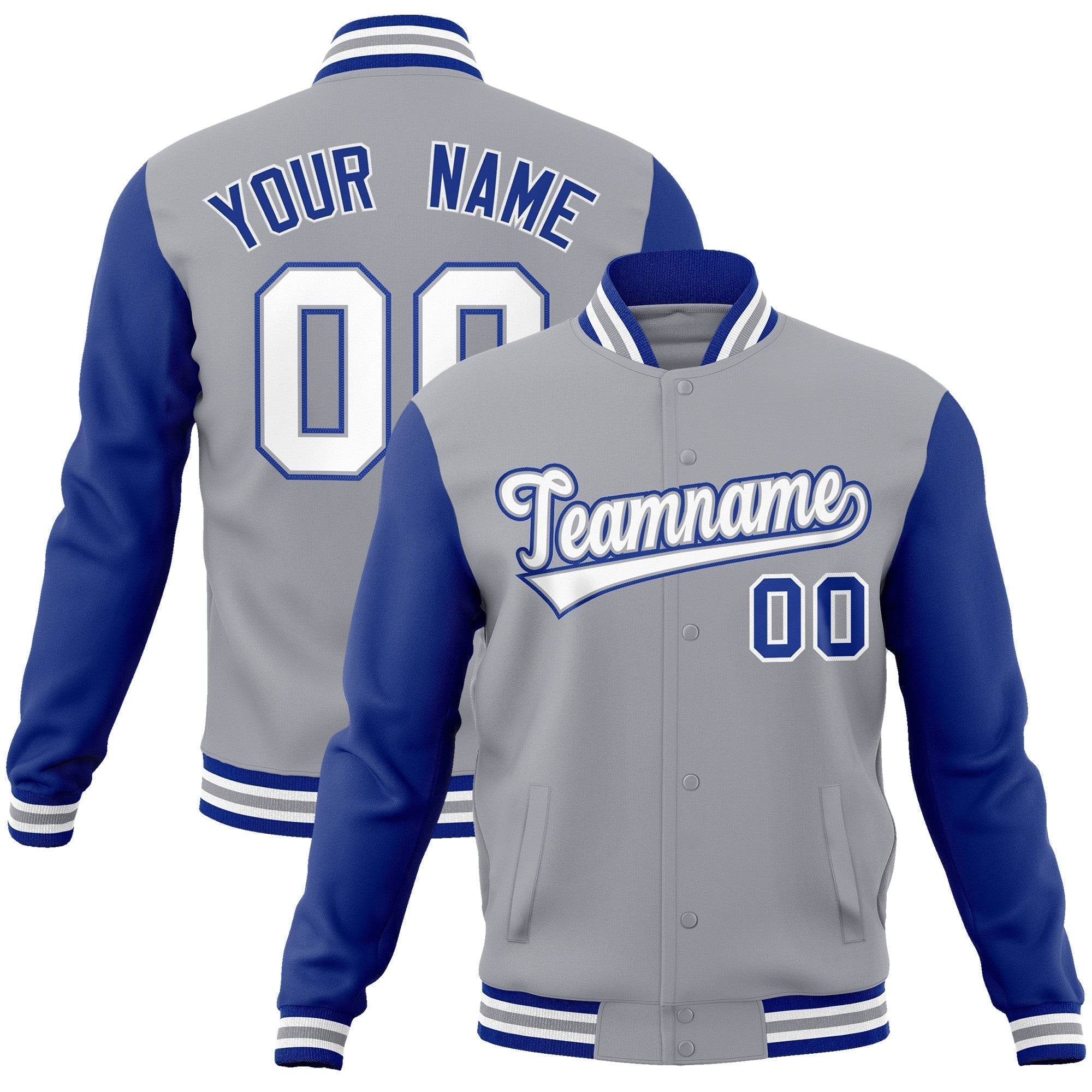 Custom Gray White-Gray Raglan Sleeves Varsity Full-Snap Letterman Jacket | KXKSHOP