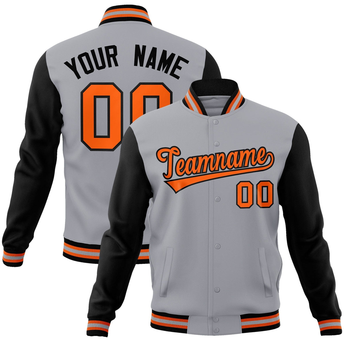 Custom Gray Orange-Black Raglan Sleeves Varsity Full-Snap Letterman Jacket | KXKSHOP
