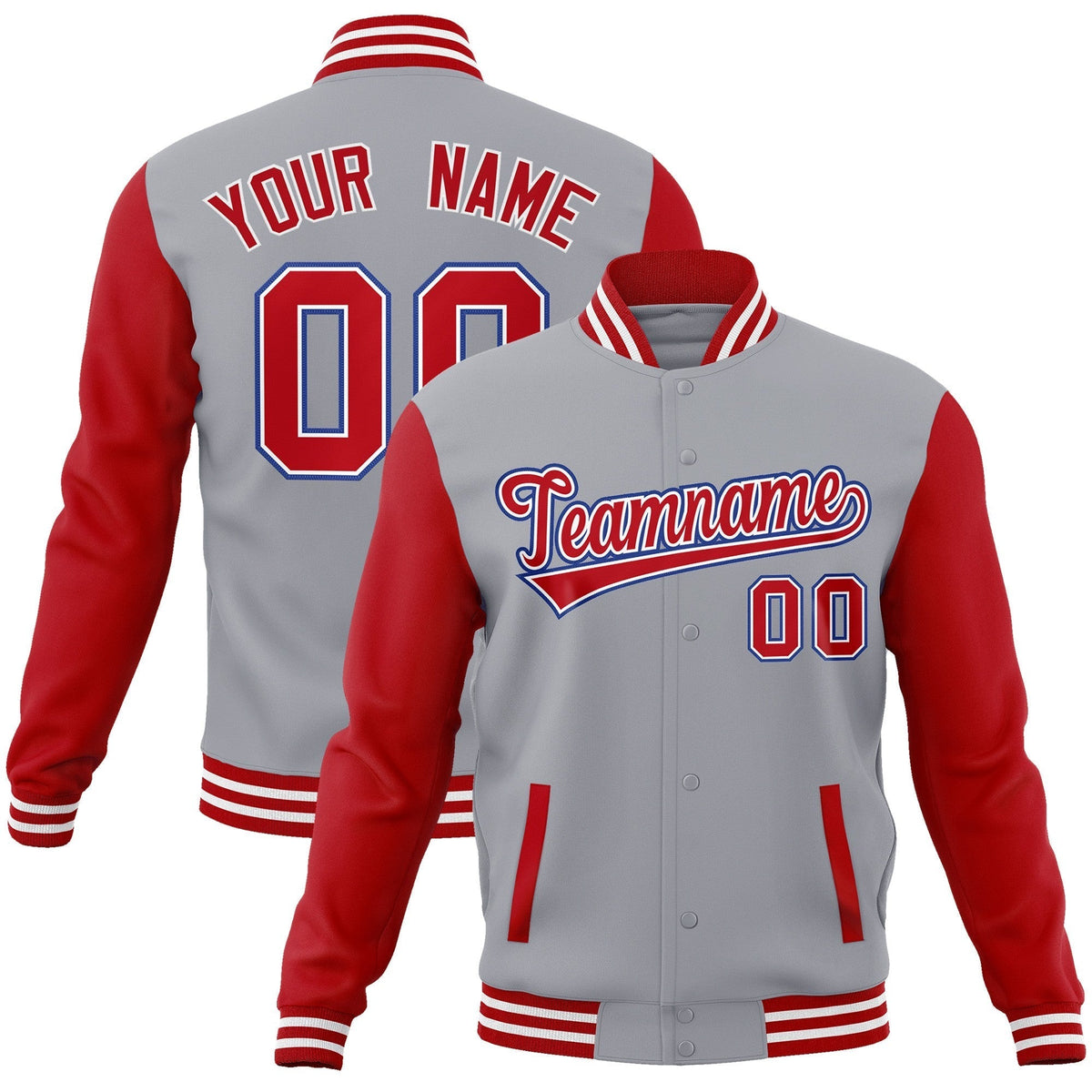 Custom Gray Red-White Raglan Sleeves Varsity Full-Snap Letterman Jacket | KXKSHOP