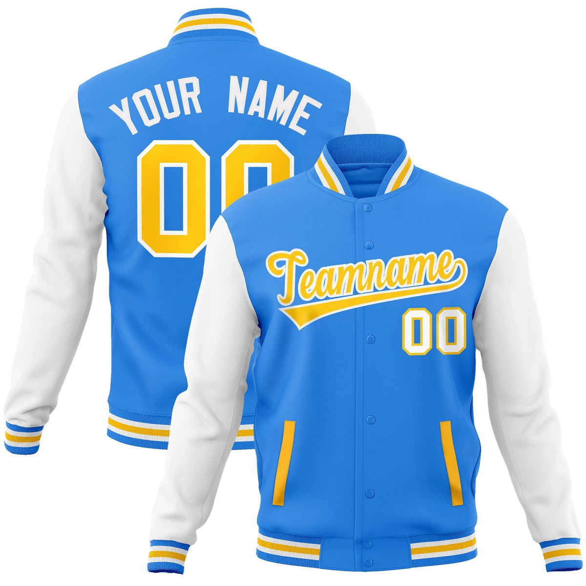 Custom Powder Blue Gold-White Raglan Sleeves Varsity Full-Snap Letterman Jacket | KXKSHOP