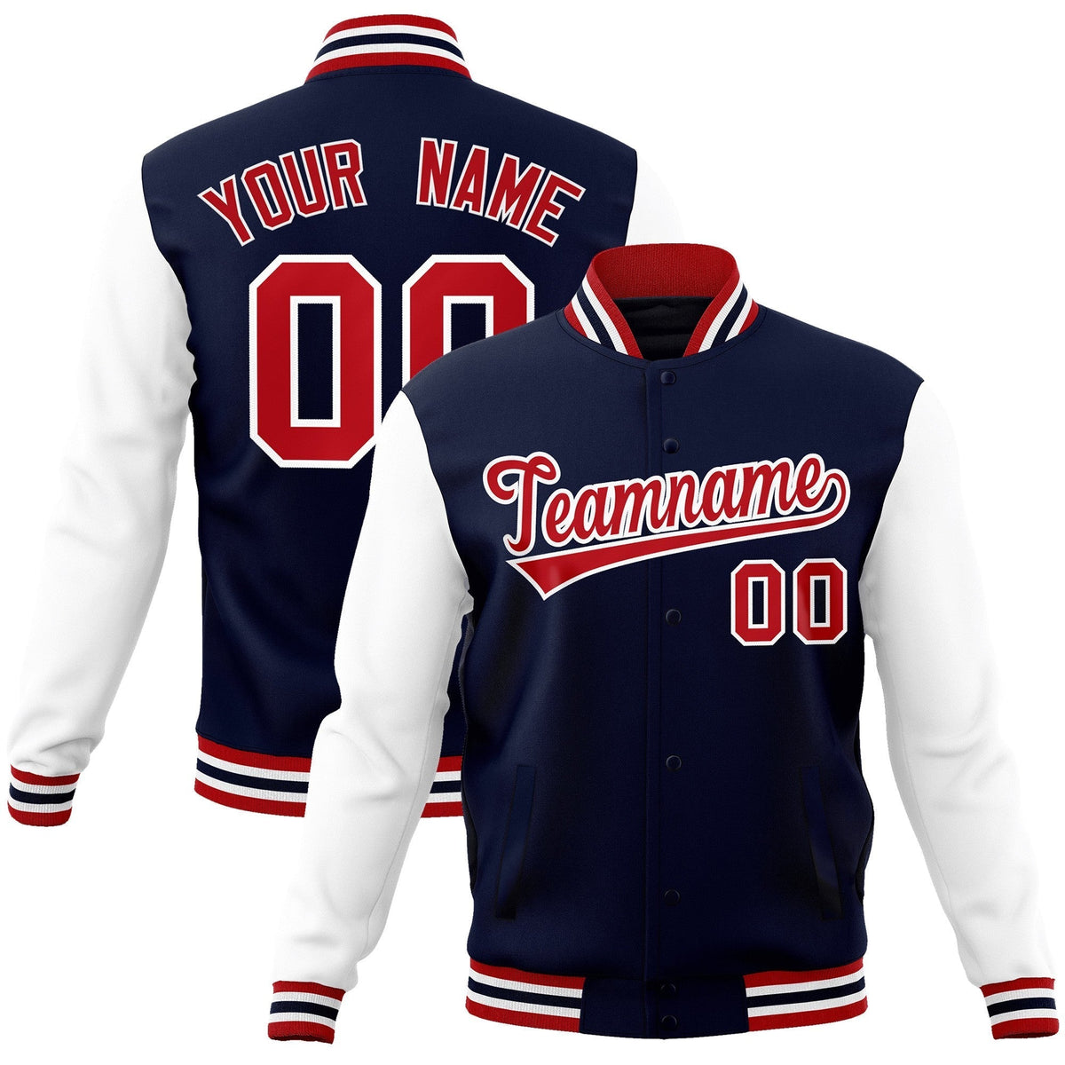 Custom Navy Red-White Raglan Sleeves Varsity Full-Snap Letterman Jacket | KXKSHOP