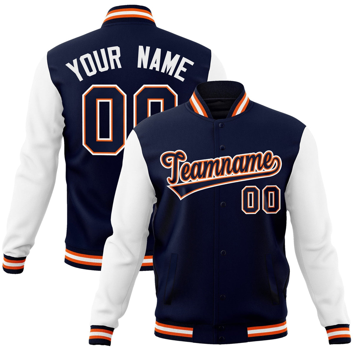 Custom Navy Navy-Orange Raglan Sleeves Varsity Full-Snap Letterman Jacket | KXKSHOP