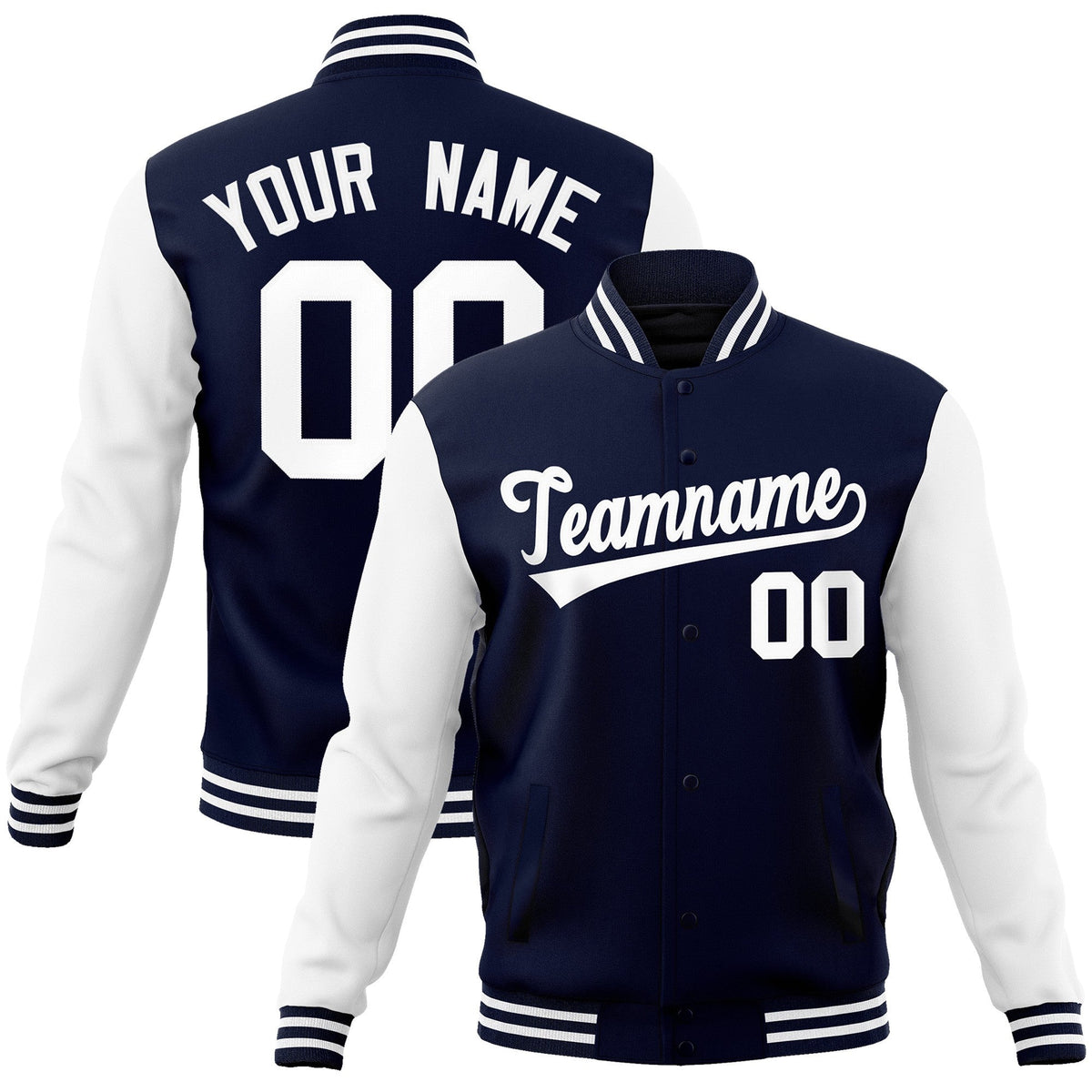 Custom Navy White Raglan Sleeves Varsity Full-Snap Letterman Jacket | KXKSHOP