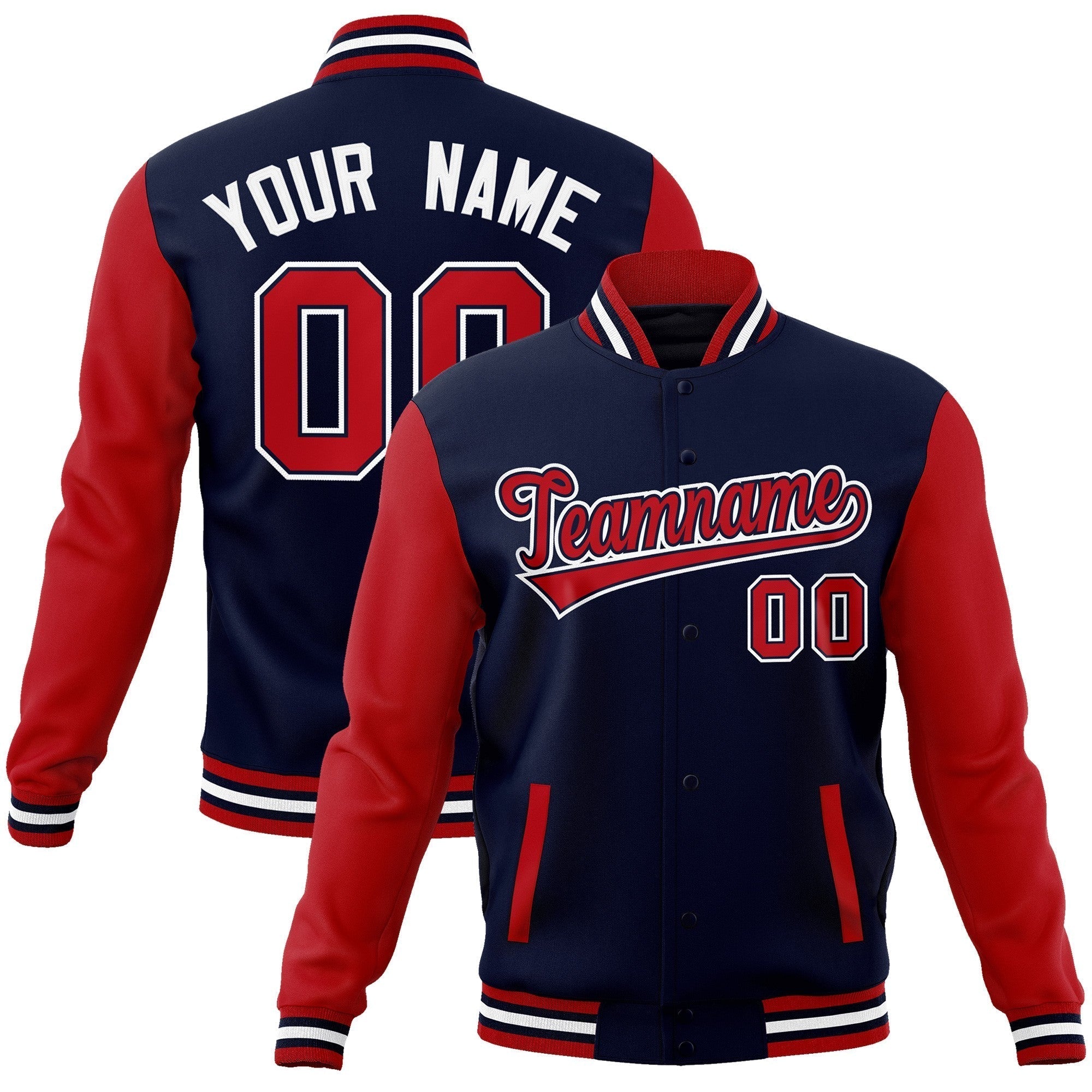 Custom Navy Red-Navy Raglan Sleeves Varsity Full-Snap Letterman Jacket | KXKSHOP