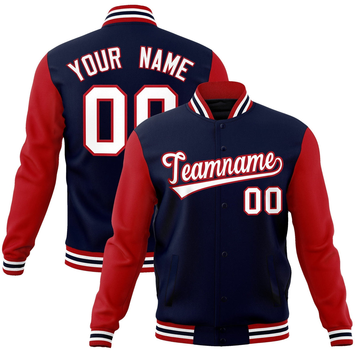 Custom Navy White-Red Raglan Sleeves Varsity Full-Snap Letterman Jacket | KXKSHOP