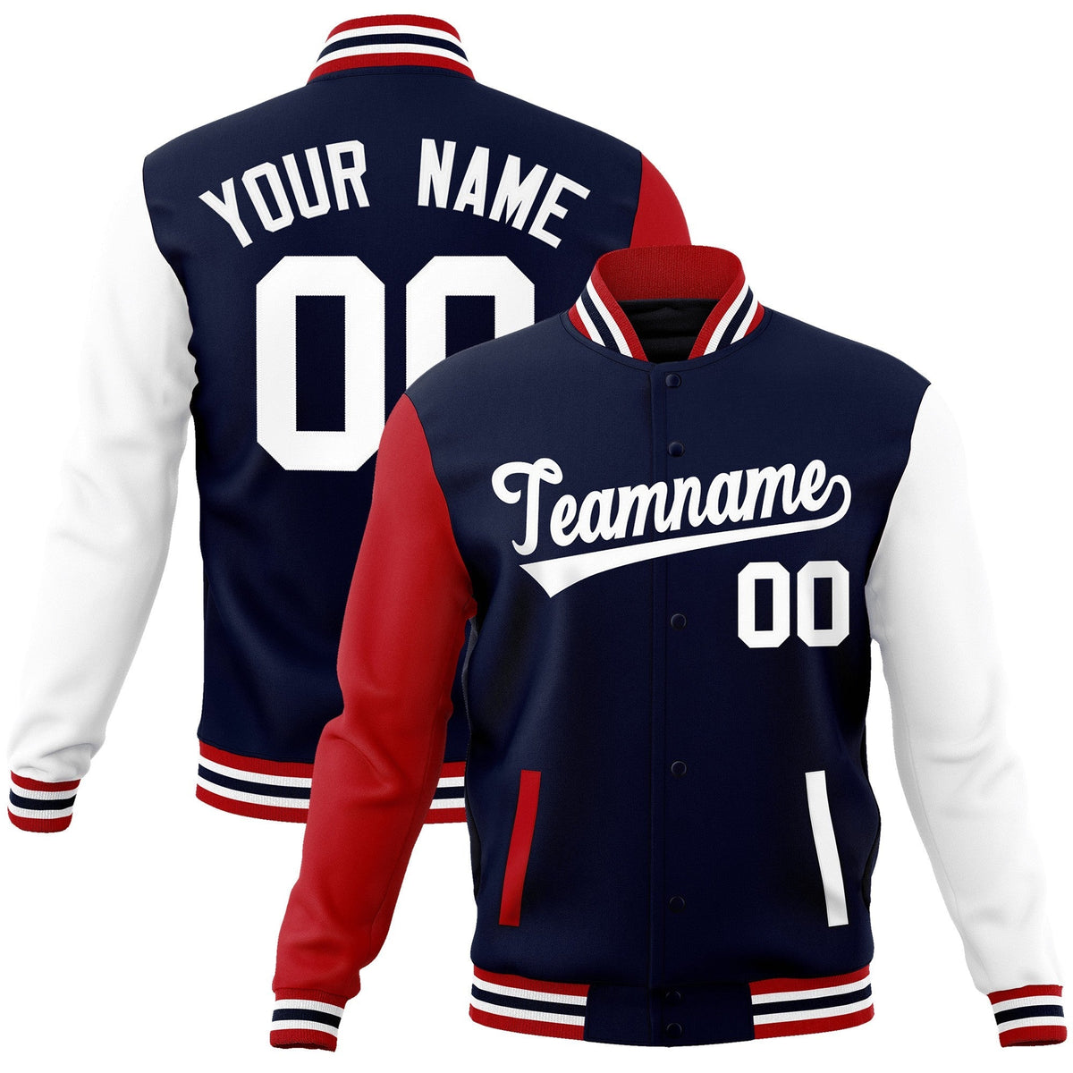Custom Navy White Raglan Sleeves Varsity Full-Snap Letterman Jacket | KXKSHOP