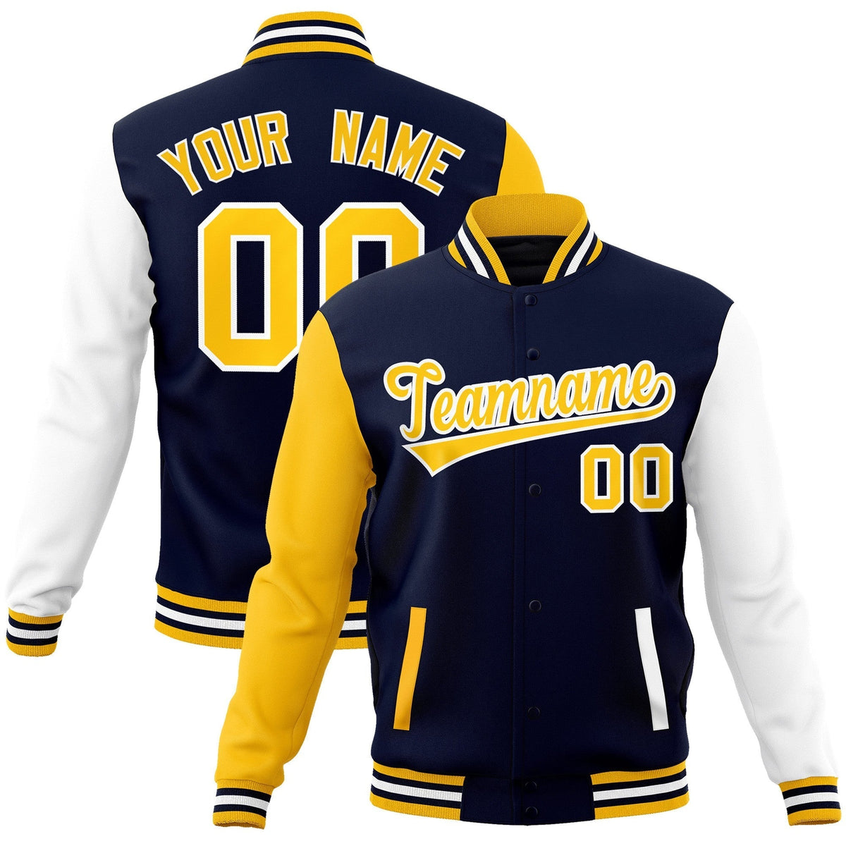 Custom Navy Gold-White Raglan Sleeves Varsity Full-Snap Letterman Jacket | KXKSHOP
