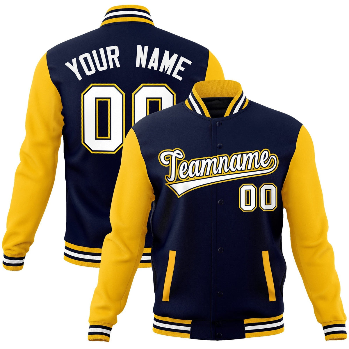 Custom Navy Yellow Raglan Sleeves Varsity Full-Snap Letterman Jacket | KXKSHOP