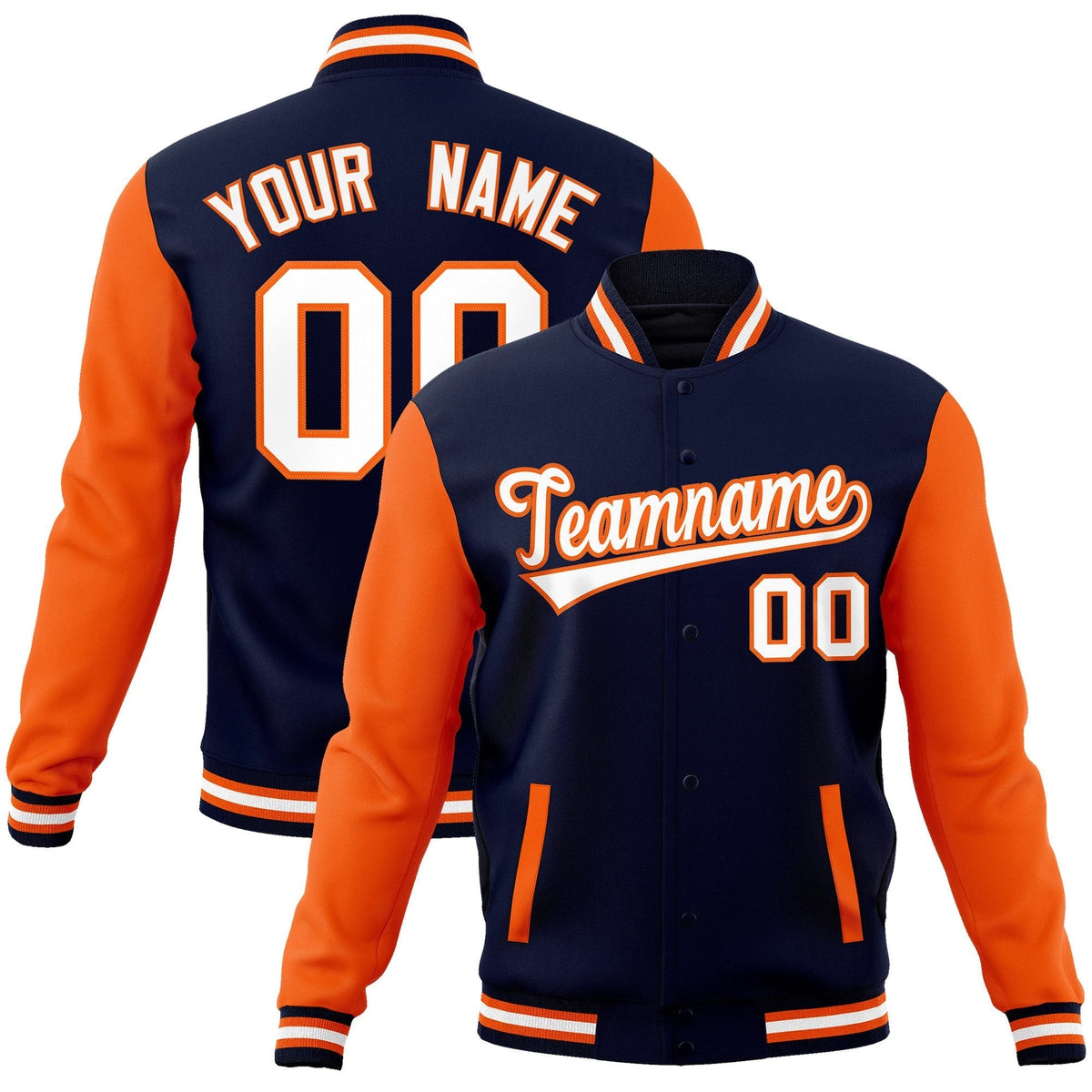 Custom Navy White-Orange Raglan Sleeves Varsity Full-Snap Letterman Jacket | KXKSHOP