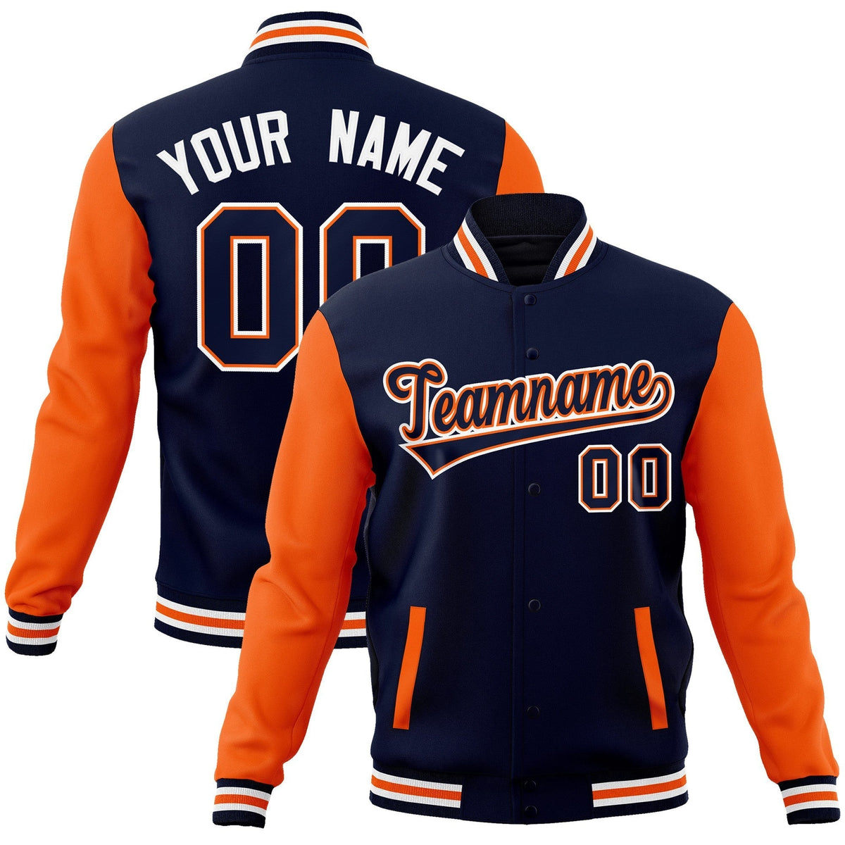 Custom Navy Navy-Orange Raglan Sleeves Varsity Full-Snap Letterman Jacket | KXKSHOP