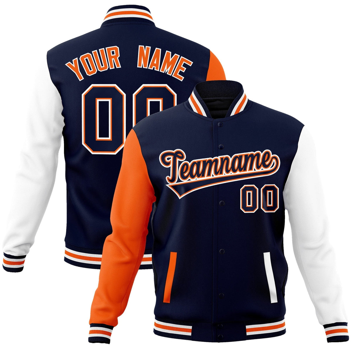 Custom Navy Navy-Orange Raglan Sleeves Varsity Full-Snap Letterman Jacket | KXKSHOP