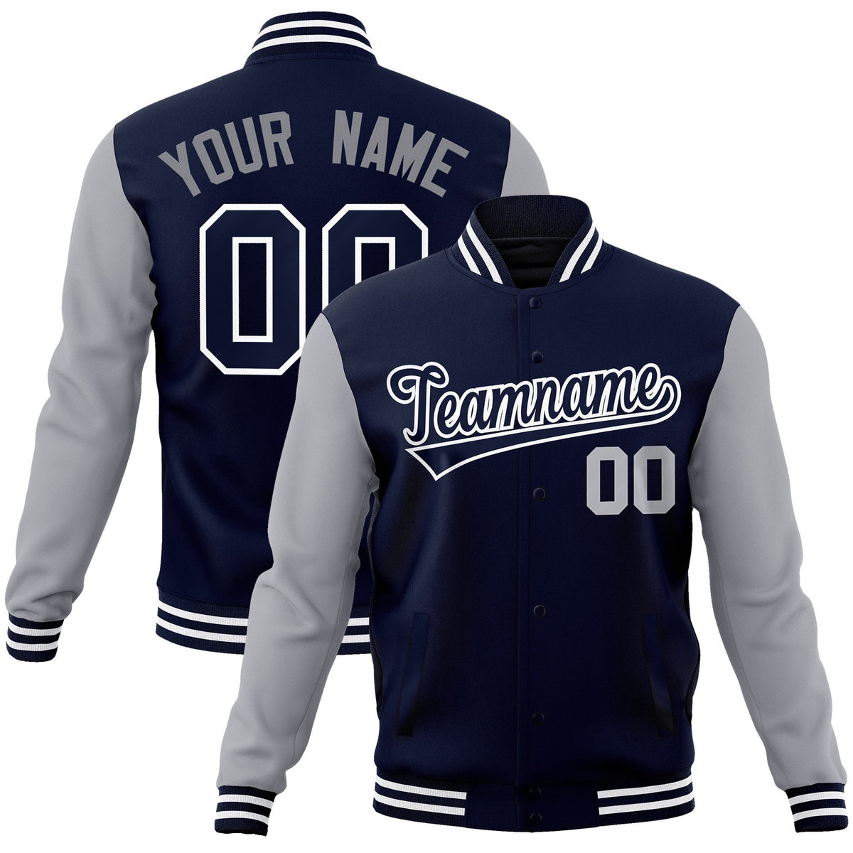 Custom Navy Navy-White Raglan Sleeves Varsity Full-Snap Letterman Jacket | KXKSHOP