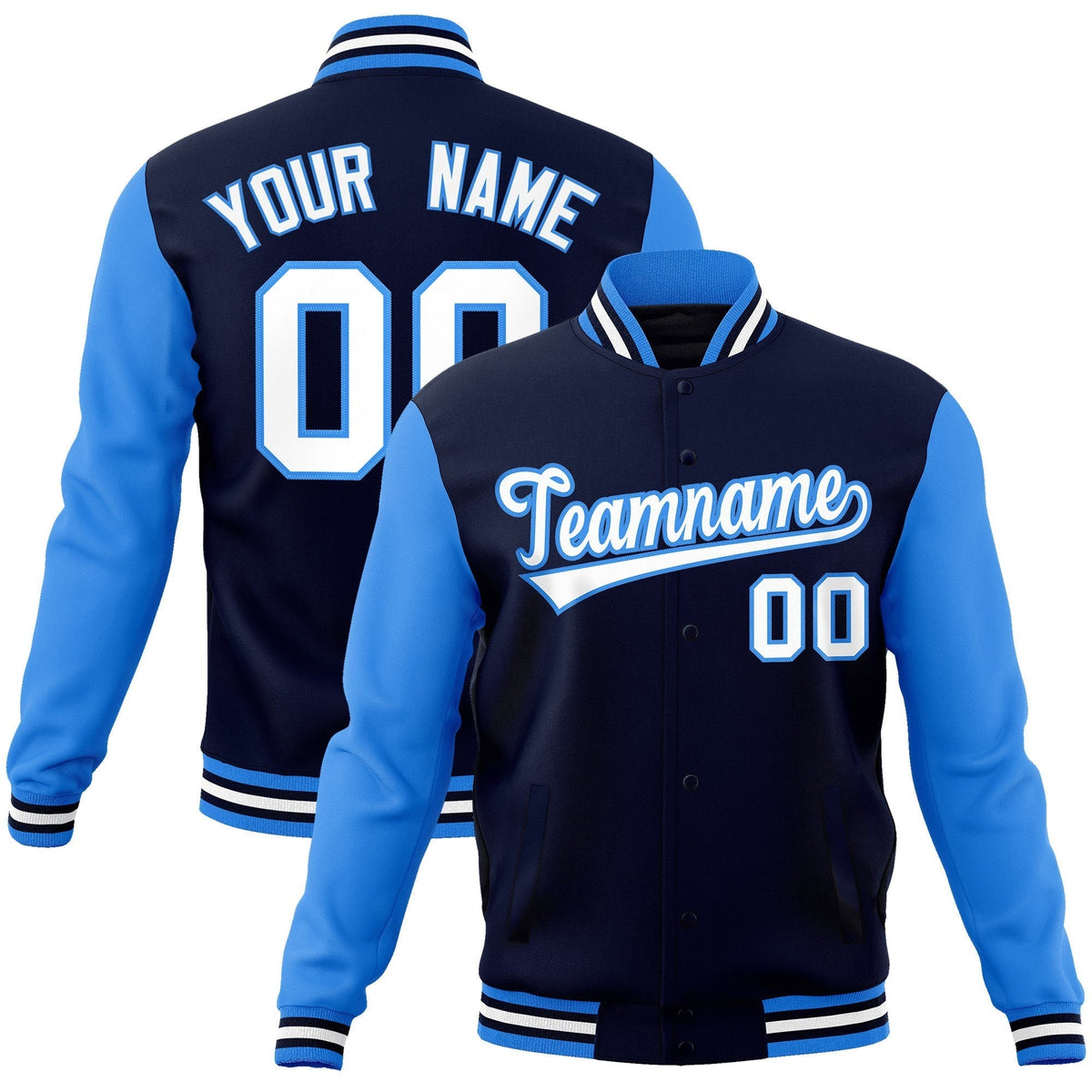 Custom Navy White-Powder Blue Raglan Sleeves Varsity Full-Snap Letterman Jacket | KXKSHOP