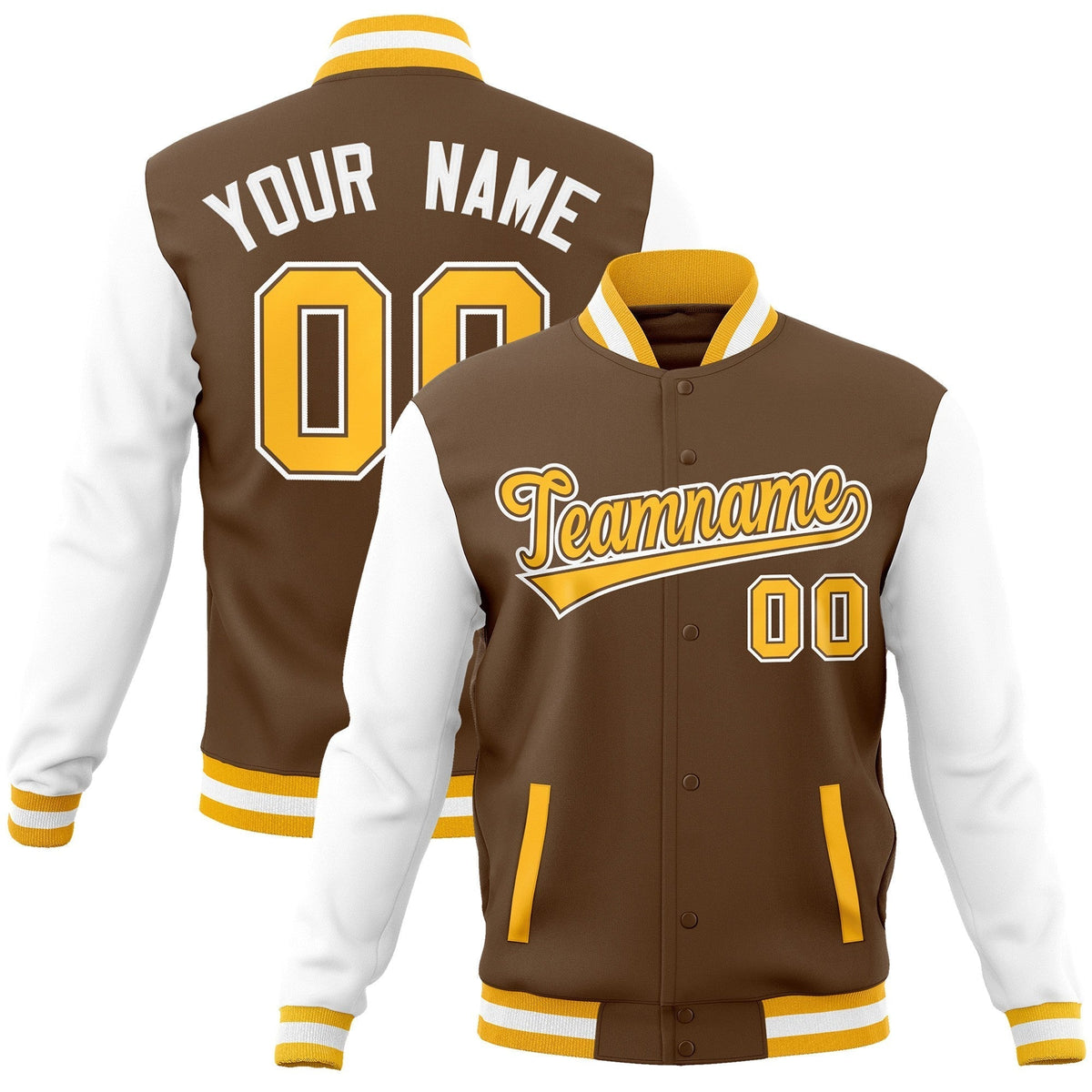 Custom Light Brown Gold-White Raglan Sleeves Varsity Full-Snap Letterman Jacket | KXKSHOP