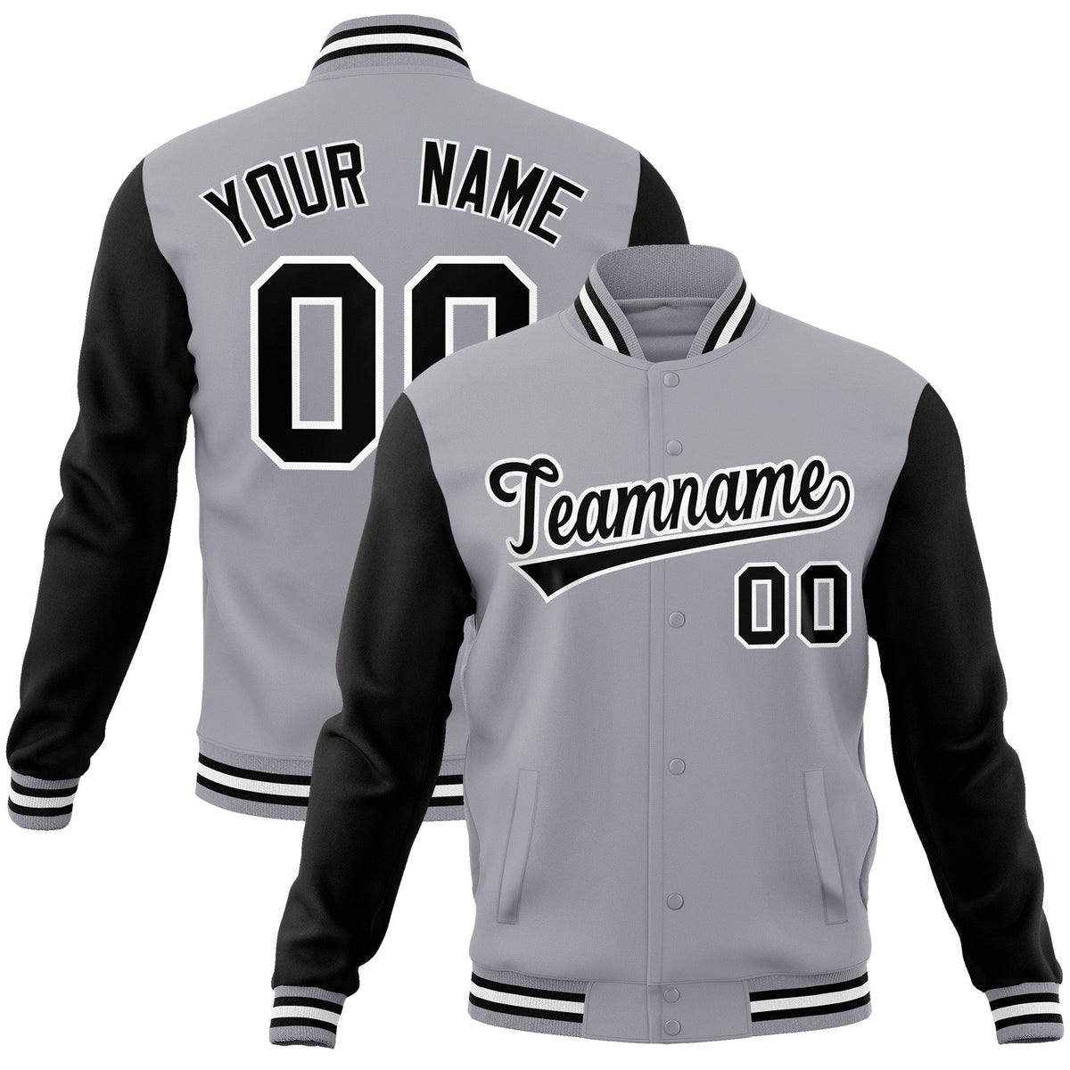 Custom Gray Black-White Raglan Sleeves Varsity Full-Snap Letterman Jacket | KXKSHOP