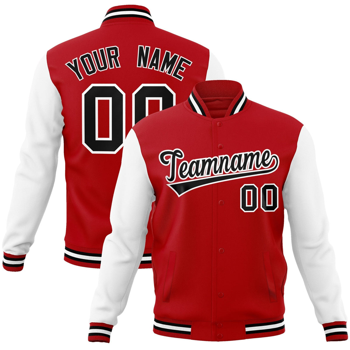 Custom Red Black-White Raglan Sleeves Varsity Full-Snap Letterman Jacket | KXKSHOP