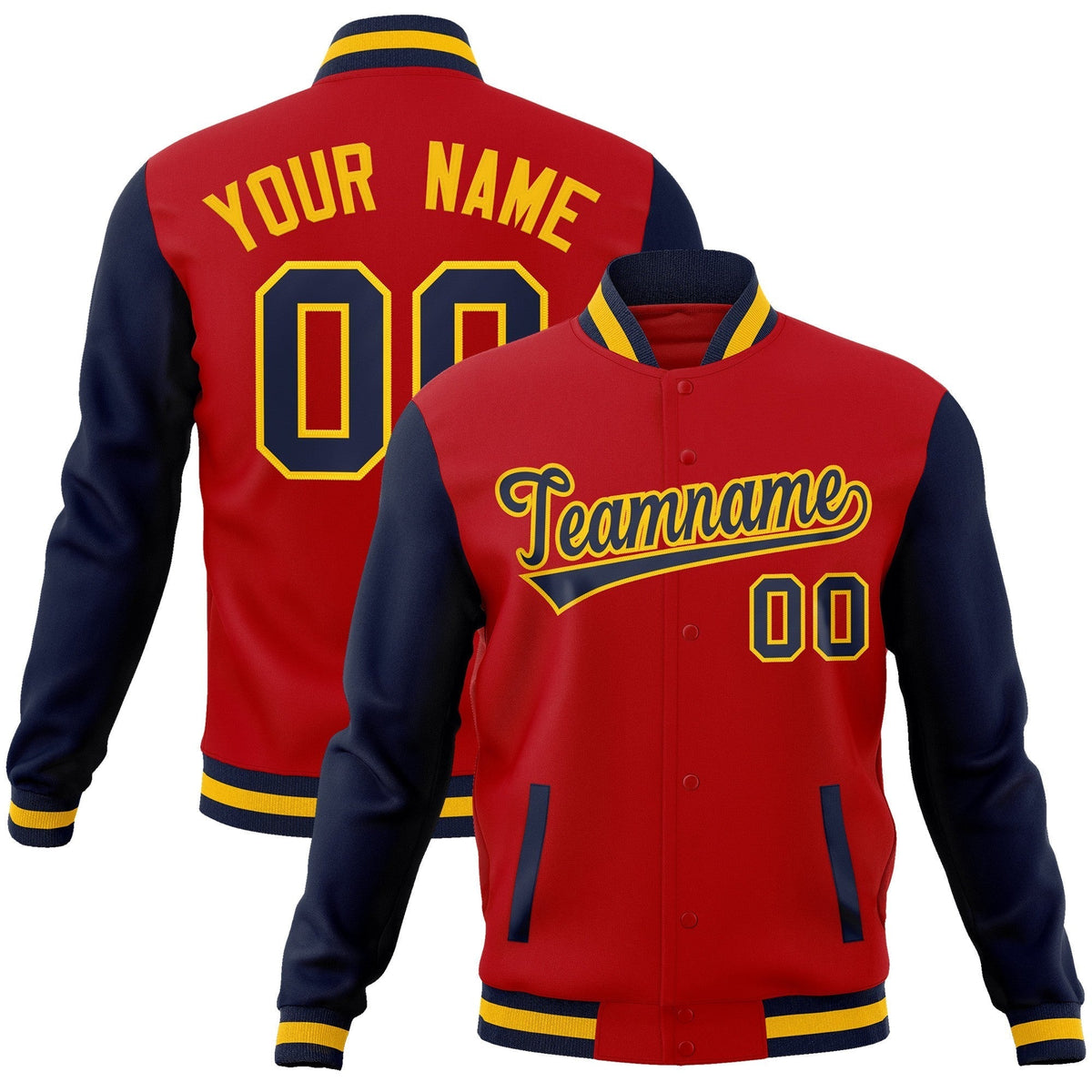 Custom Red Navy-Gold Raglan Sleeves Varsity Full-Snap Letterman Jacket | KXKSHOP