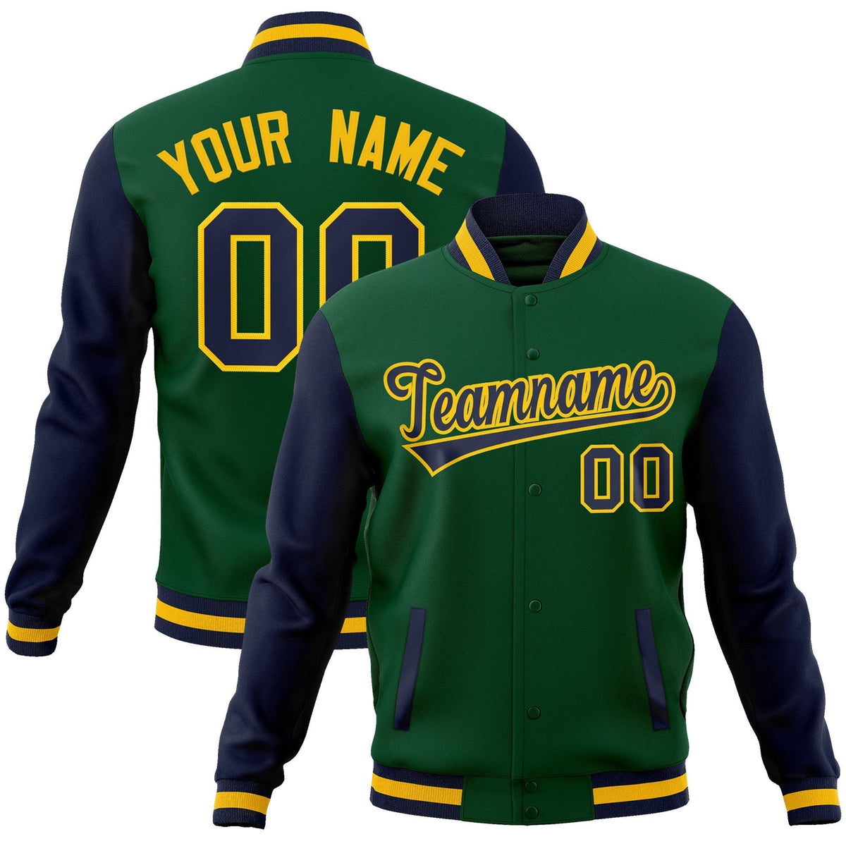 Custom Green Navy-Gold Raglan Sleeves Varsity Full-Snap Letterman Jacket | KXKSHOP