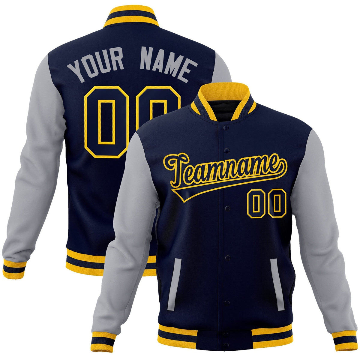 Custom Navy Navy-Gold Raglan Sleeves Varsity Full-Snap Letterman Jacket | KXKSHOP