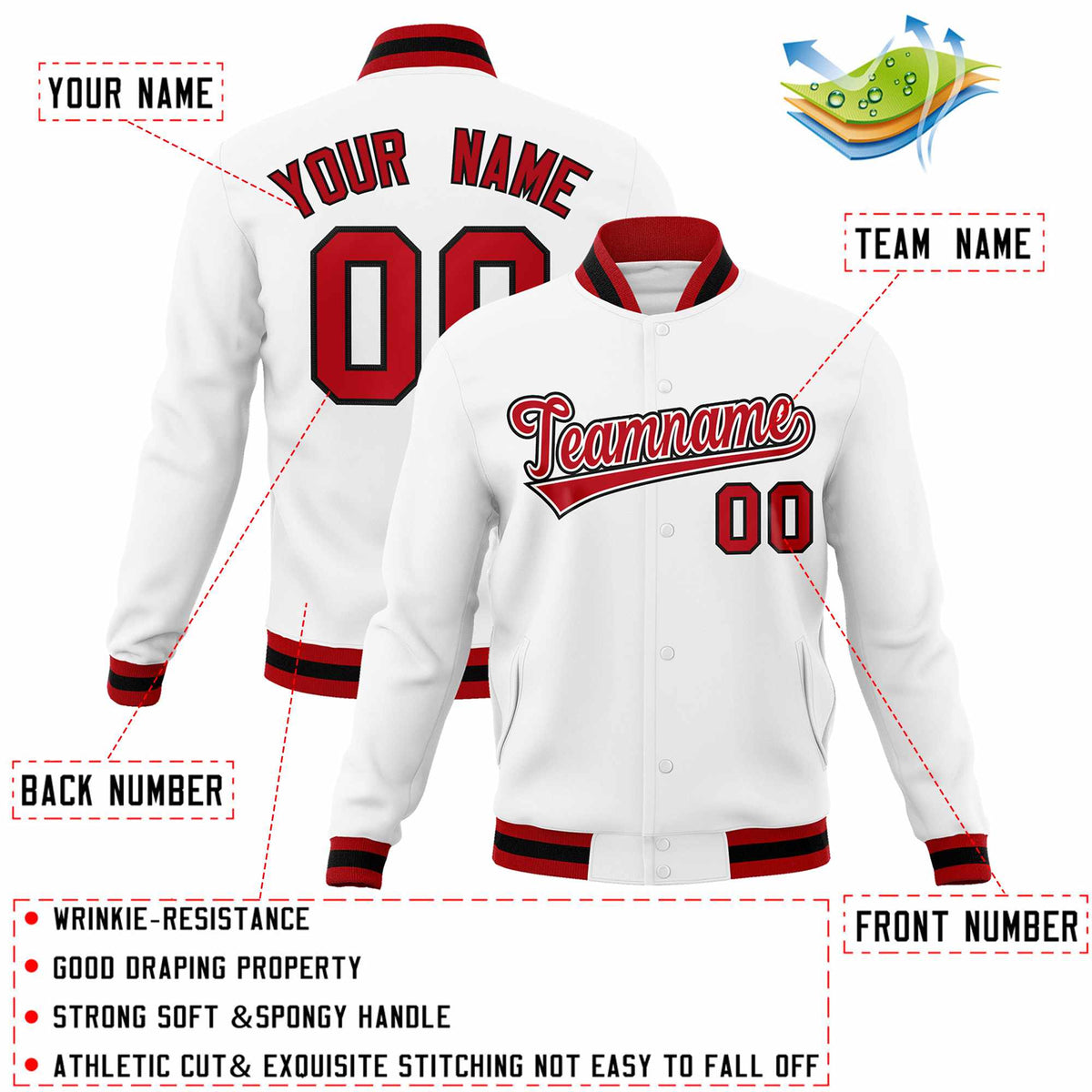 Custom White Red-Black Classic Style Varsity Full-Snap Letterman Jacket | KXKSHOP