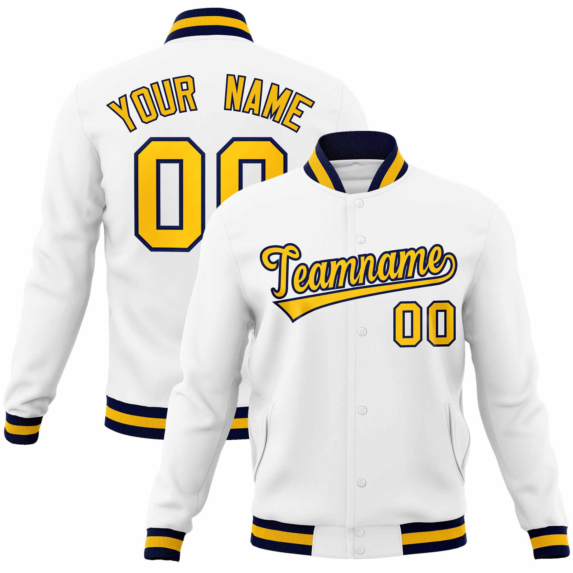 Custom White Gold-Navy Classic Style Varsity Full-Snap Letterman Jacket | KXKSHOP