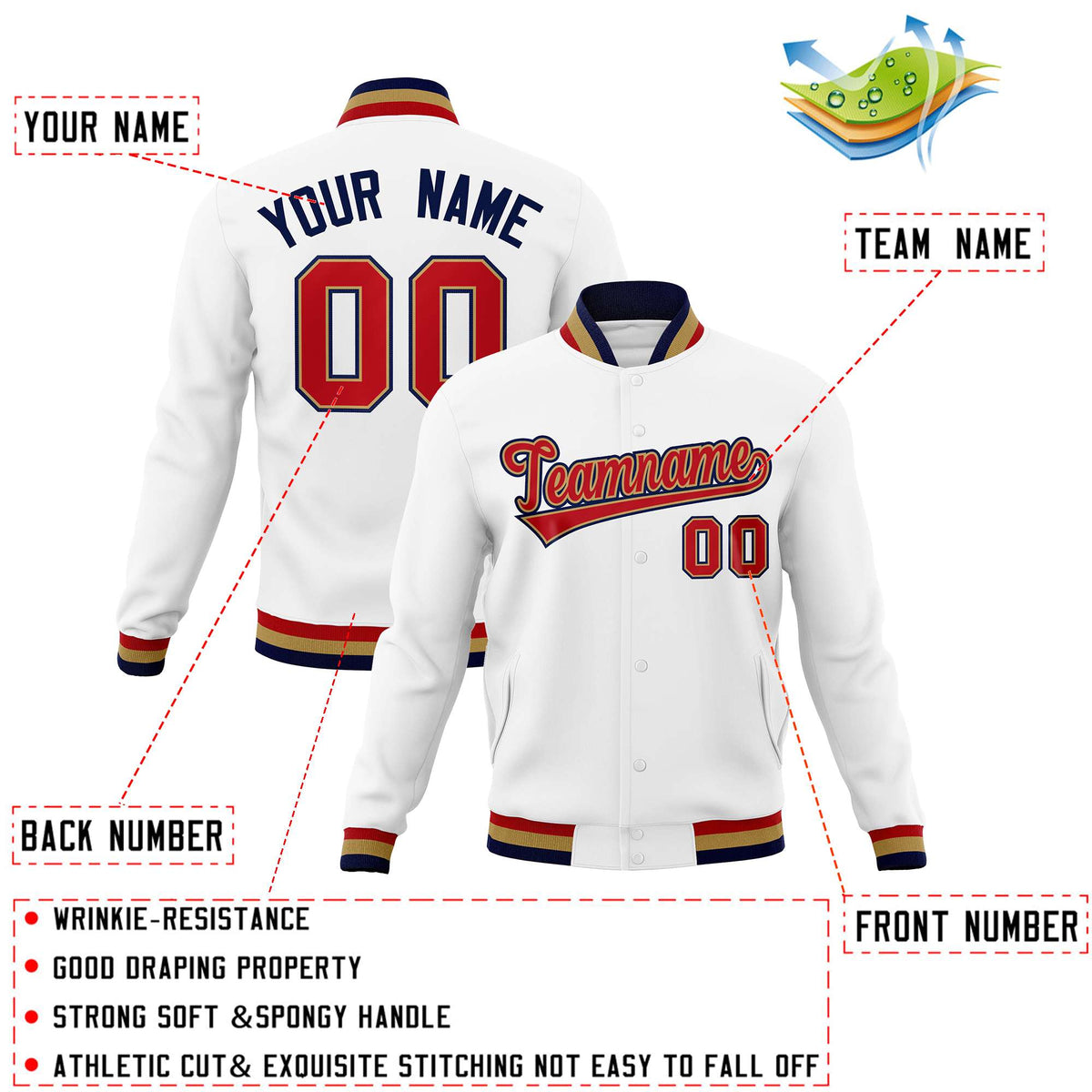 Custom White Red-Black Classic Style Varsity Full-Snap Letterman Jacket | KXKSHOP