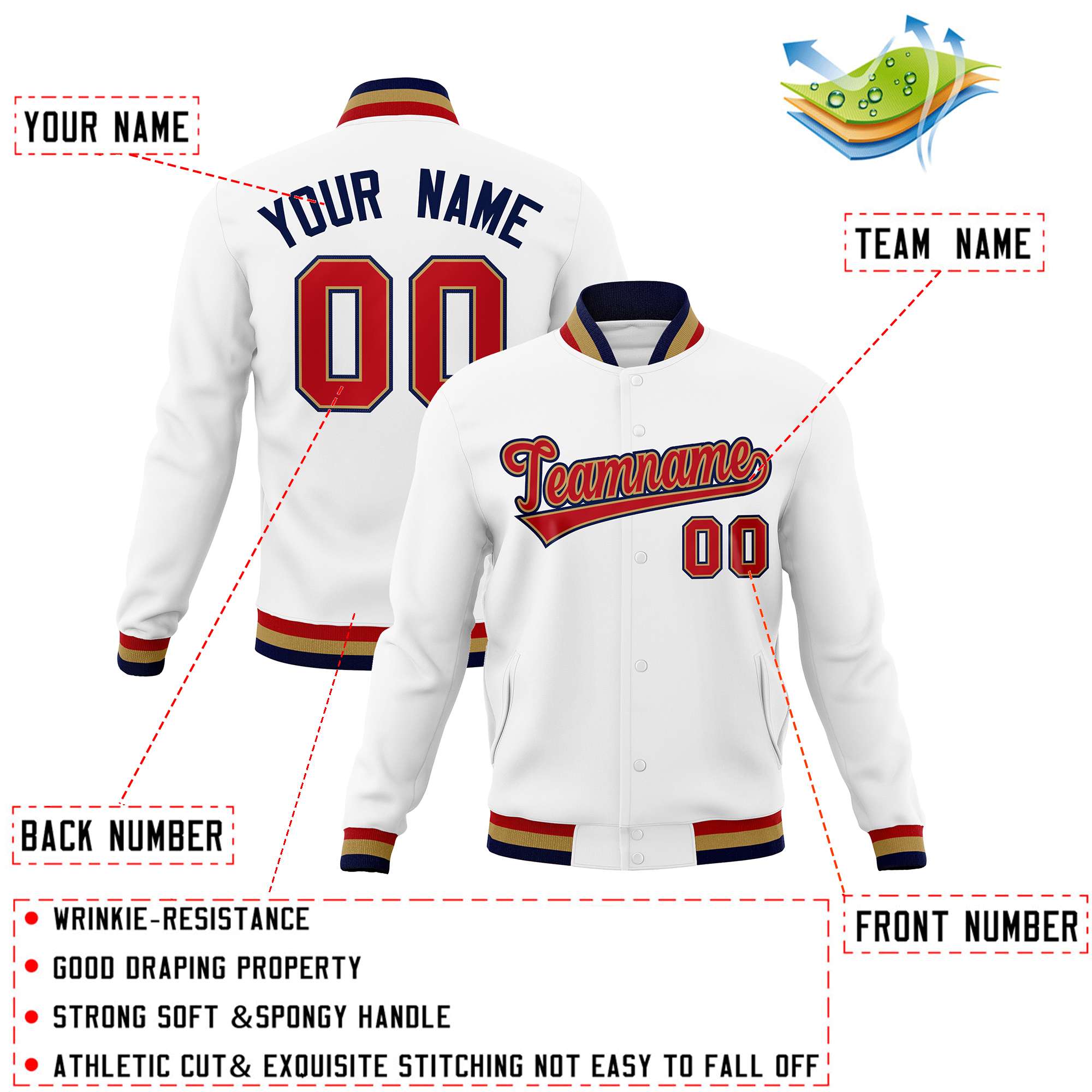 Custom White Red-Black Classic Style Varsity Full-Snap Letterman Jacket | KXKSHOP