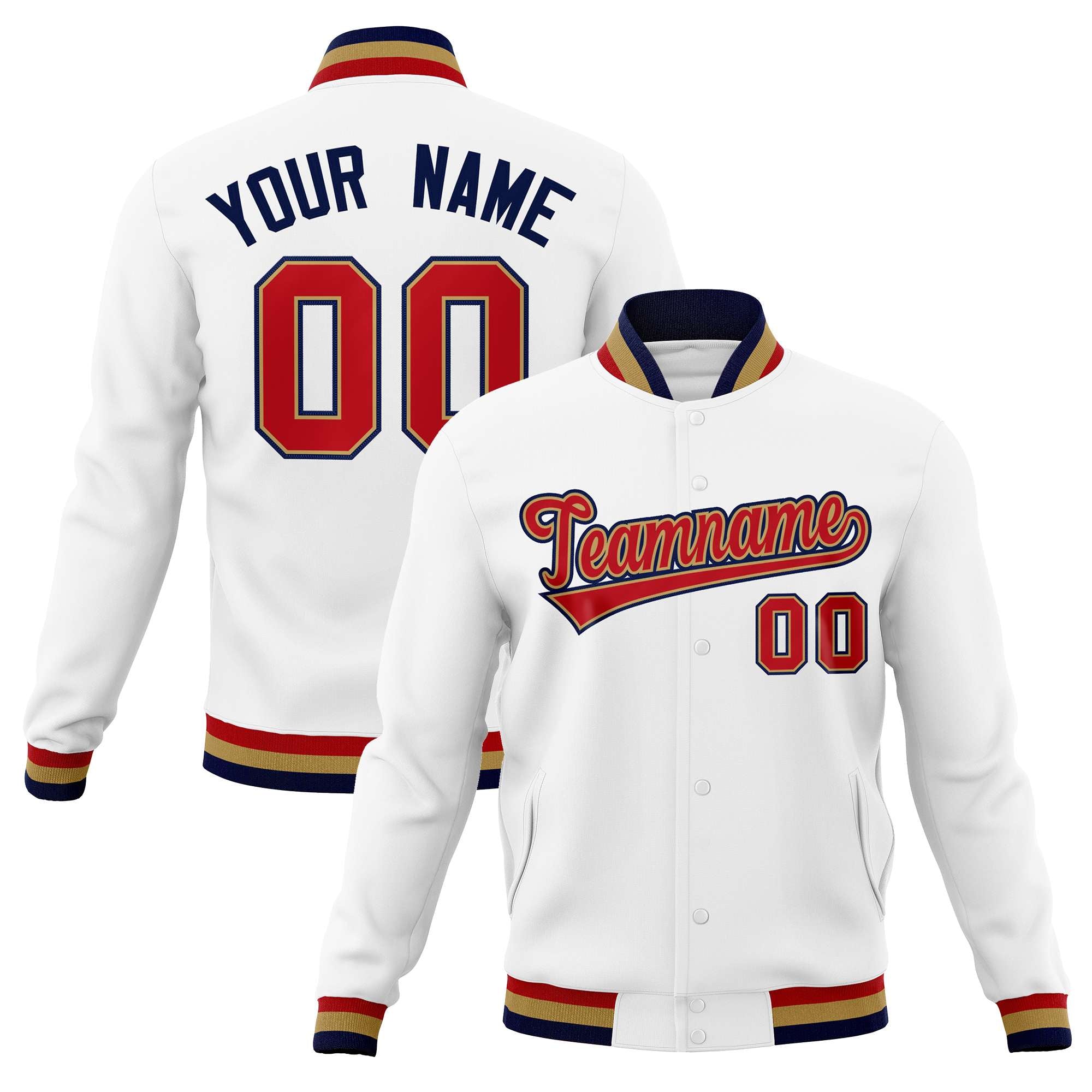 Custom White Red-Navy Classic Style Varsity Full-Snap Letterman Jacket | KXKSHOP