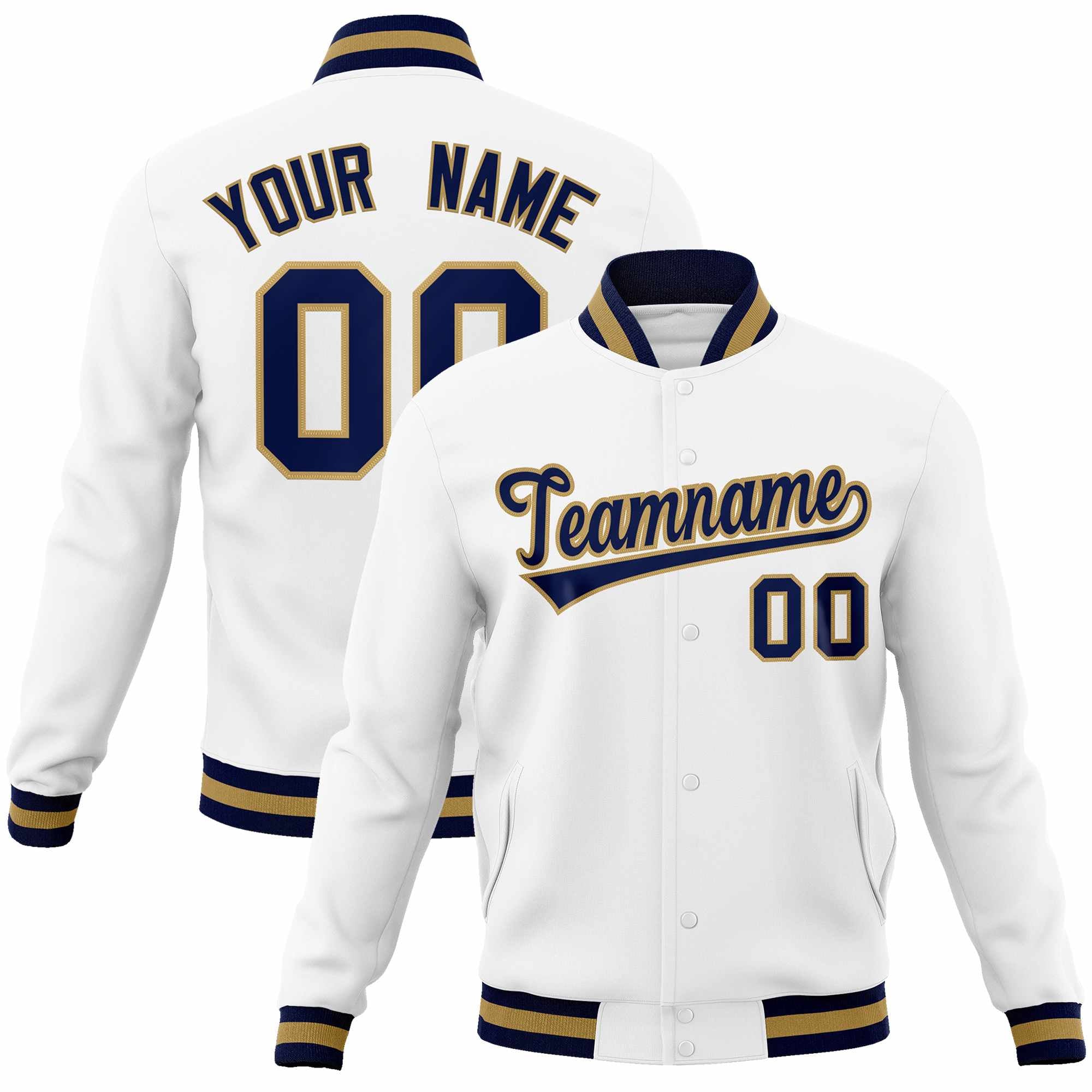 Custom White Navy-Old Gold Classic Style Varsity Full-Snap Letterman Jacket | KXKSHOP