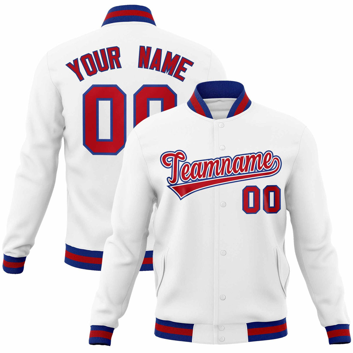 Custom White Red-Royal Classic Style Varsity Full-Snap Letterman Jacket | KXKSHOP